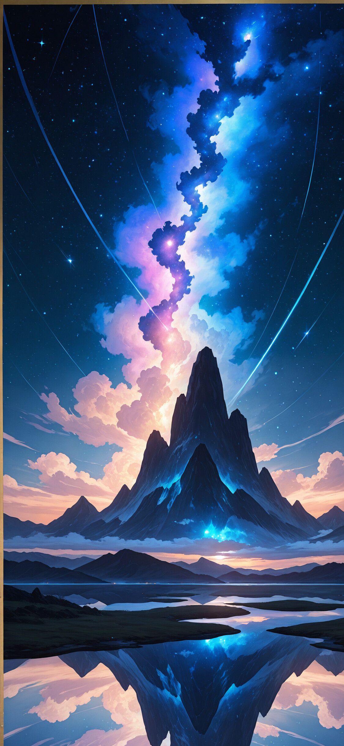 Uma figura solitária, envolta num manto, está de pé em frente a uma montanha imponente e irregular, sob um céu noturno colorido e estrelado, com uma nebulosa, e tudo isso se reflete nas águas calmas abaixo.