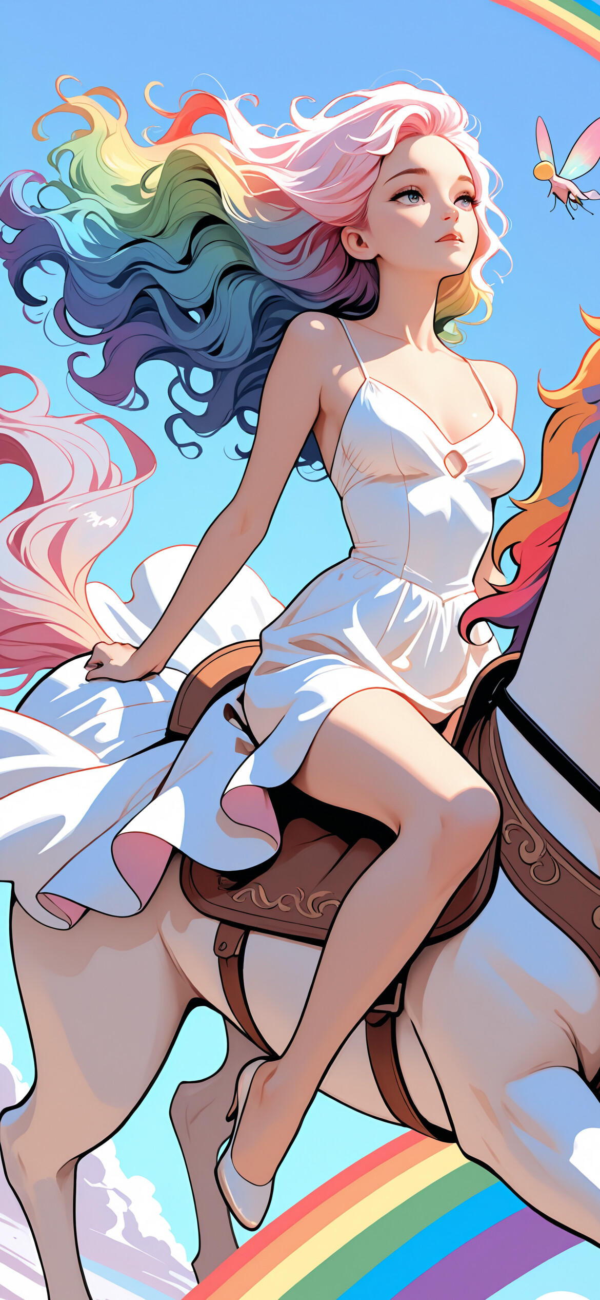 Uma jovem com cabelos coloridos em tons de arco-íris e grandes asas vibrantes cavalga um Pegaso branco, com uma crina também em tons de arco-íris, através de um céu azul e nublado. Um arco-íris pode ser visto abaixo deles.