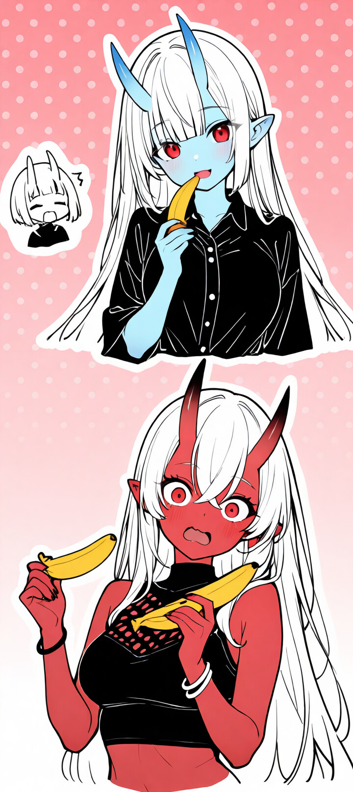 Uma rapariga de anime com pele azul, longos cabelos brancos, olhos vermelhos e chifres com pontas vermelhas, com uma expressão de choque e o rosto muito corado. Ela veste um top preto de gola alta e mangas curtas, sobre um fundo rosa com bolinhas.