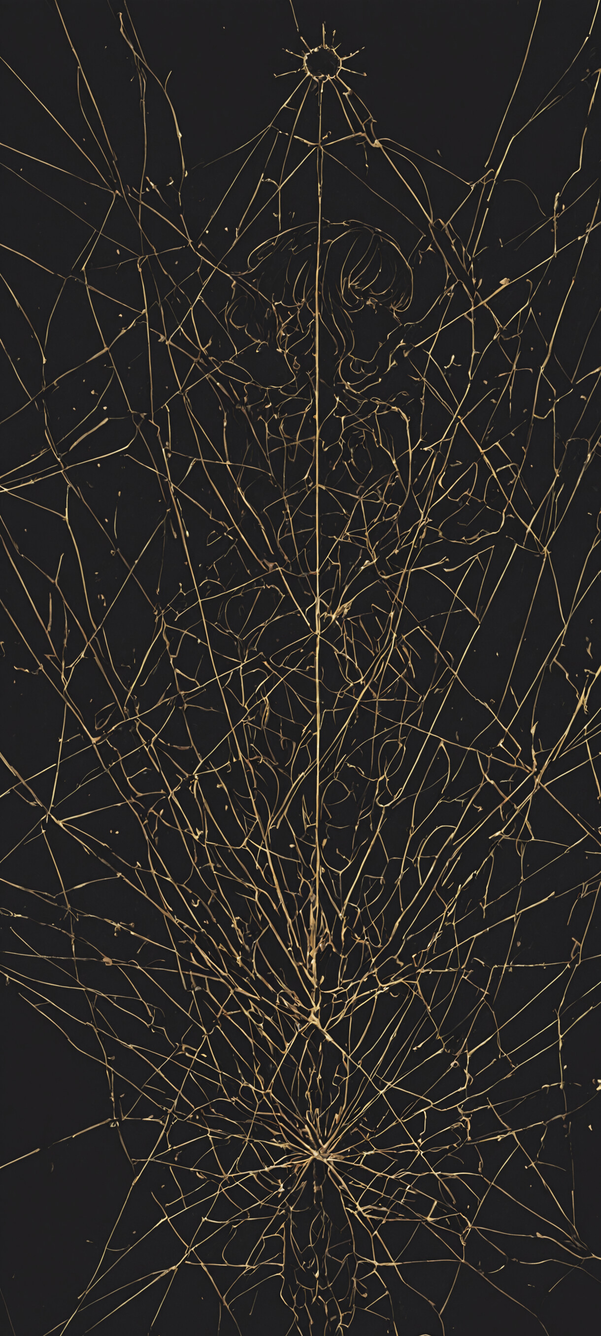 Uma obra de arte abstrata moderna que retrata Rei Ayanami, de Neon Genesis Evangelion, de perfil. A imagem é um desenho a traço em tons de cobre brilhante sobre um fundo escuro em forma de grade, com a lateral da cabeça da personagem se dissolvendo em uma espiral caótica e bela.