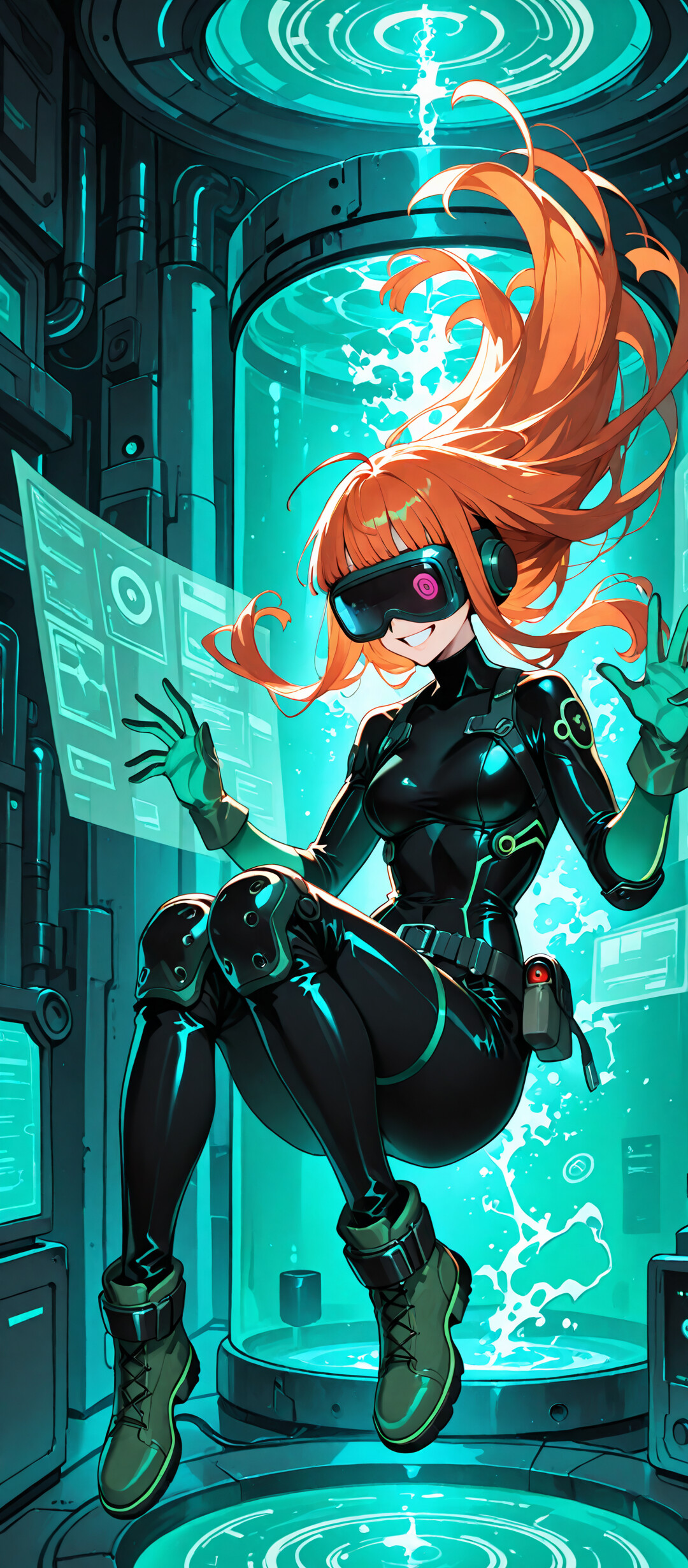 Uma ilustração no estilo anime de Futaba Sakura, de Persona 5, flutuando num cenário de ficção científica. Ela tem longos cabelos laranja, usa óculos e tem um largo sorriso, e está vestida com o seu fato preto de Oracle, com um visor de realidade virtual, luvas verdes e botas, com os braços levantados no ar.