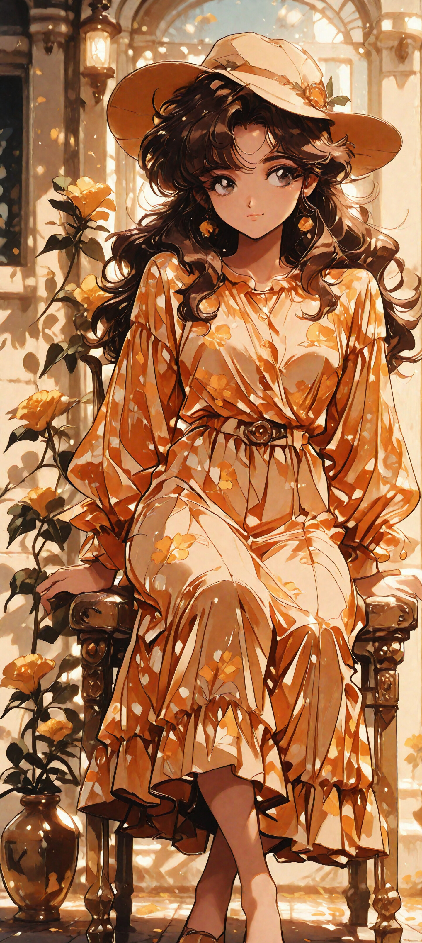 Um retrato de corpo inteiro de uma jovem em estilo anime, com longos cabelos castanhos e um chapéu amarelo, sentada numa cadeira de madeira. Ela veste um longo vestido floral em tons de laranja e amarelo e sorri suavemente num jardim ensolarado, rodeada de rosas amarelas.