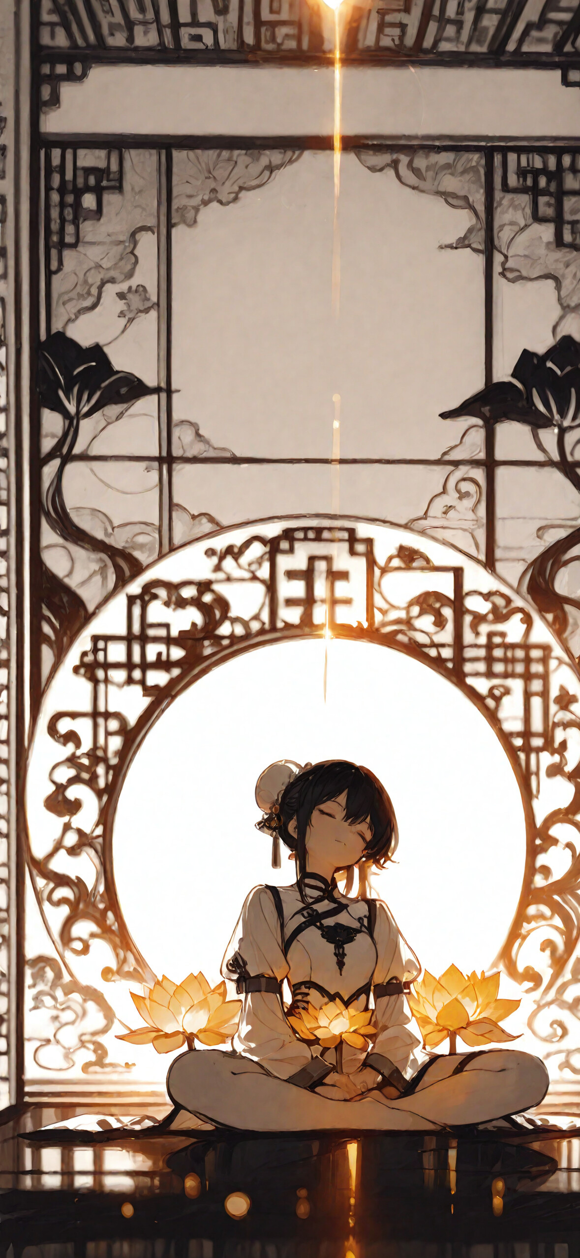 Uma rapariga de anime, com cabelo branco apanhado em dois coques, medita numa posição de lótus. Veste um qipao branco e está rodeada por flores de lótus douradas e um halo brilhante, num cenário de biombos chineses.