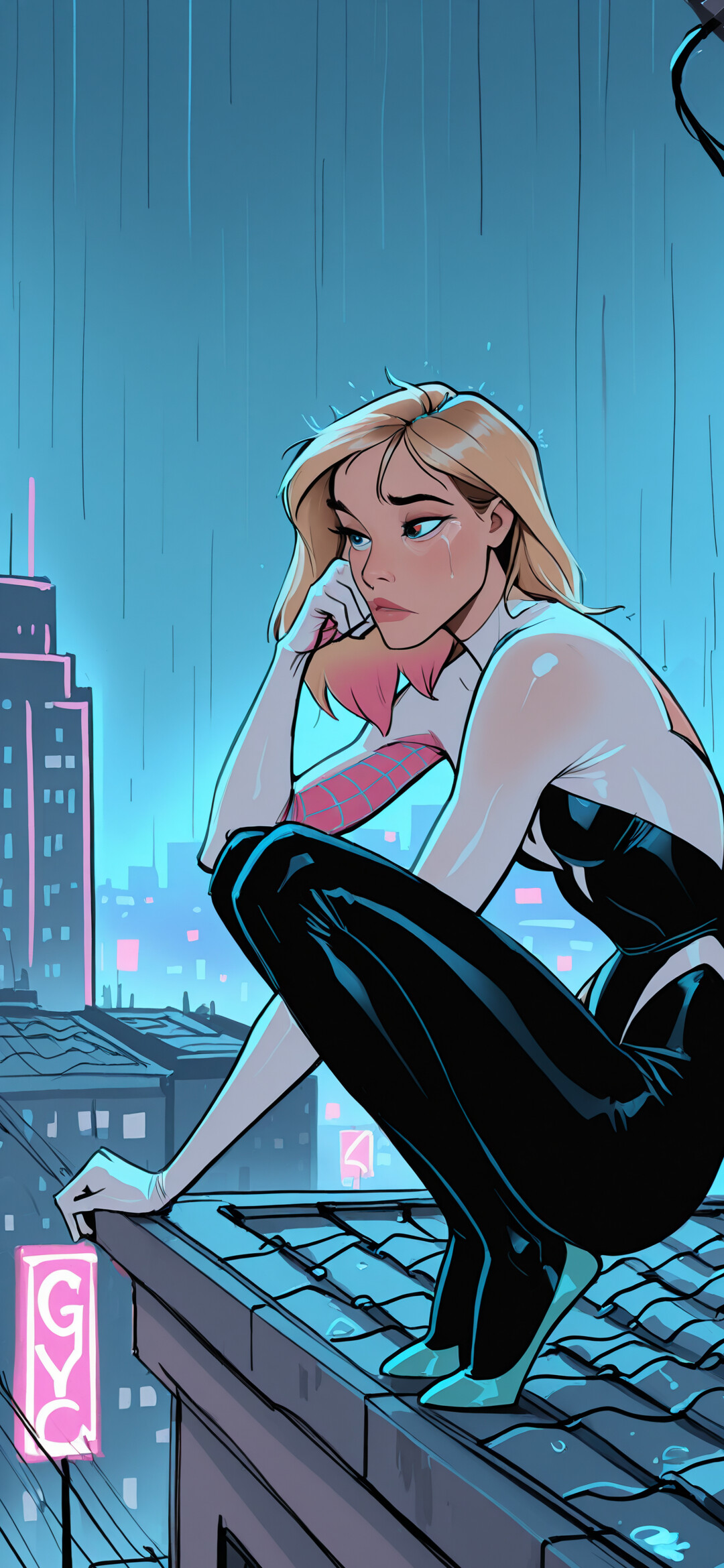Gwen Stacy, na pele da Mulher-Aranha, veste o seu icónico fato preto e branco, e está sentada, pensativa, num telhado molhado, numa cidade iluminada por luzes de néon, durante uma noite chuvosa.