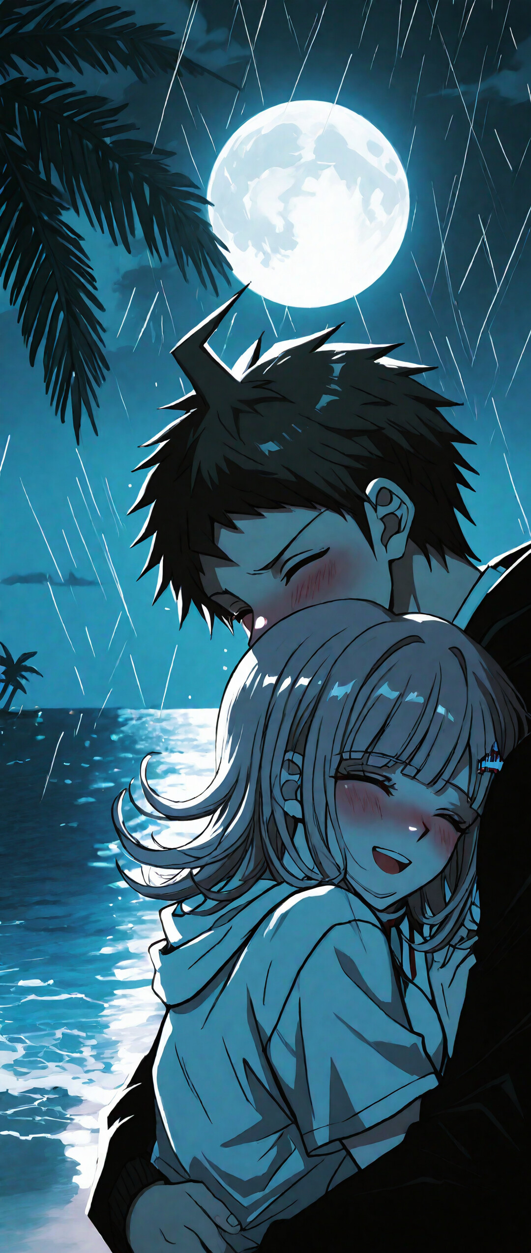 Ilustração de um fã de anime, retratando Hajime Hinata e Chiaki Nanami, de Danganronpa, abraçados com carinho numa praia chuvosa durante a noite, com uma lua cheia e palmeiras ao fundo.
