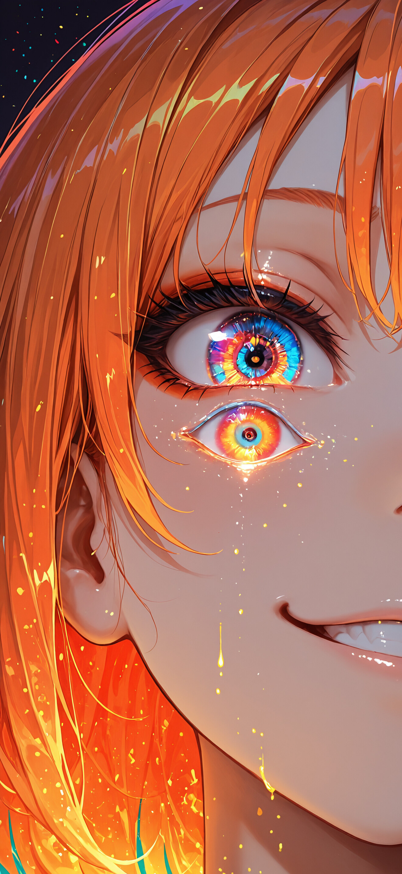 Uma ilustração em close-up de uma rapariga de anime, com cabelo laranja vibrante e um sorriso presunçoso. Os seus olhos são o ponto central da imagem, apresentando padrões intrincados, luminosos e caleidoscópicos, com anéis de cores do arco-íris.