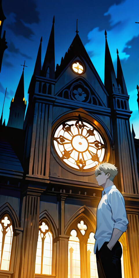 Uma ilustração em estilo anime de Loid Forger, de Spy x Family, em pé sobre degraus de pedra em frente a uma imponente catedral gótica iluminada durante a noite. Ele tem cabelo loiro e olhos azuis, e veste uma camisa branca com gola e calças pretas, com as mãos nos bolsos, olhando para o observador.