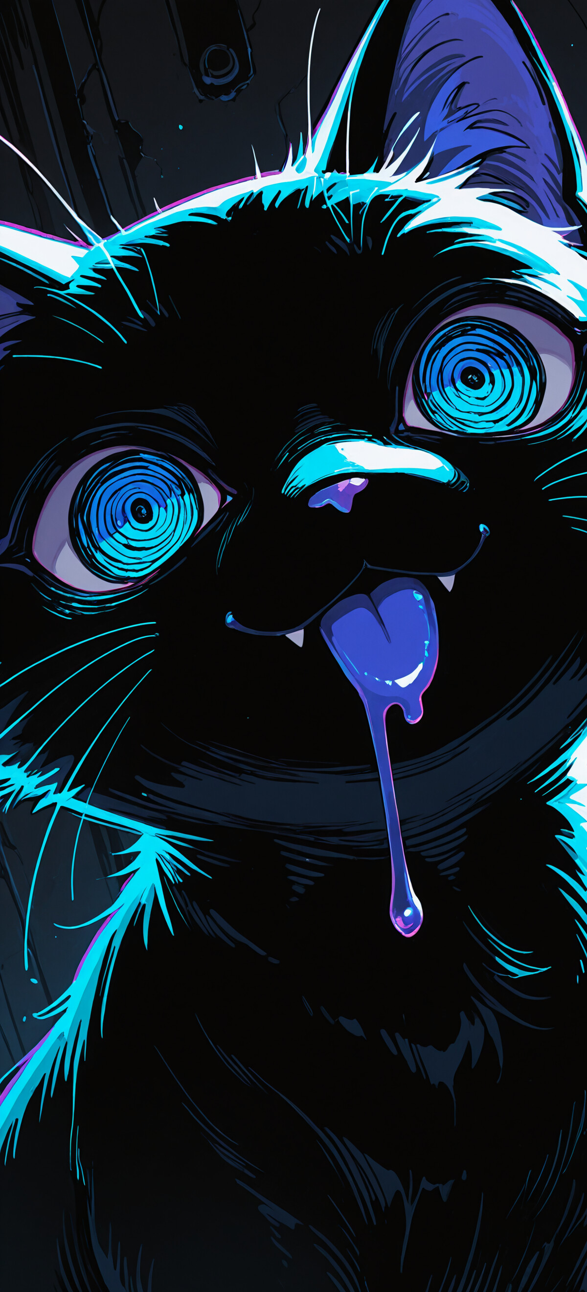 Uma ilustração estilizada e em close-up do rosto de um gato branco. O gato tem olhos grandes e escuros com reflexos roxos, pelos pretos e espetados na cabeça e uma boca bem aberta, com a língua de fora e babando. Ele usa um colar preto com espinhos e um sino dourado.