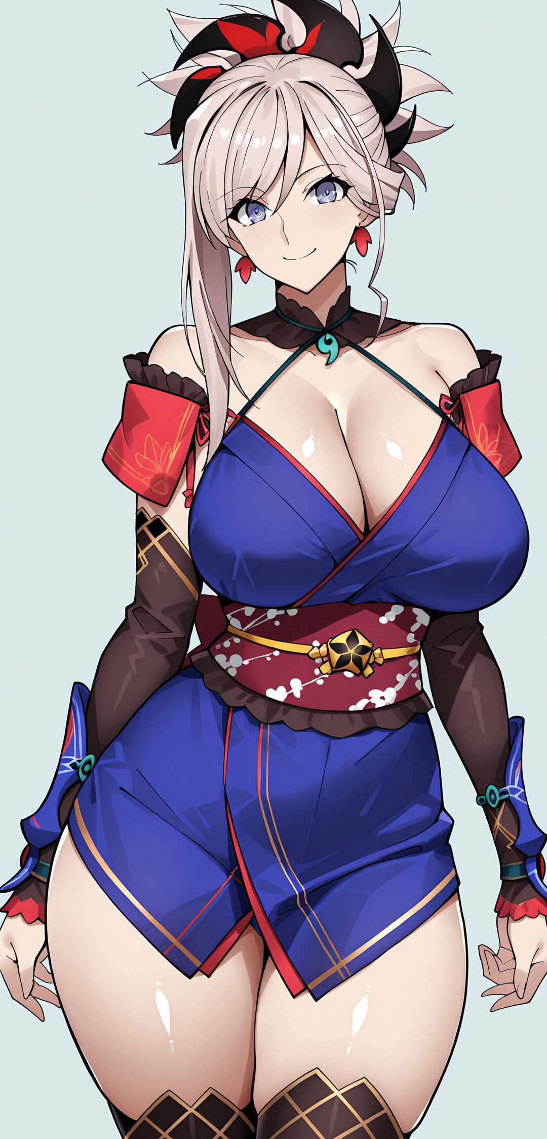 Uma ilustração no estilo anime de Miyamoto Musashi, de Fate/Grand Order, sorrindo enquanto veste um quimono azul, proteções de braço castanhas e tem o cabelo preso num rabo de cavalo alto.