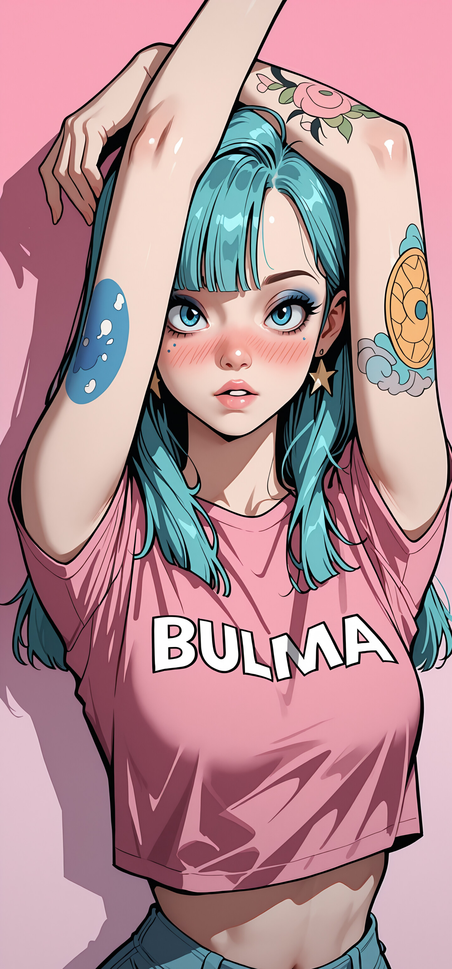 Uma ilustração no estilo anime de Bulma, de Dragon Ball, com cabelo azul e olhos azuis. Ela veste um top curto cor-de-rosa com a palavra «BULMA» estampada, calças de ganga azuis e brincos em forma de estrela. Tem tatuagens de rosas no braço e está a posar com as mãos atrás da cabeça, num fundo cor-de-rosa.