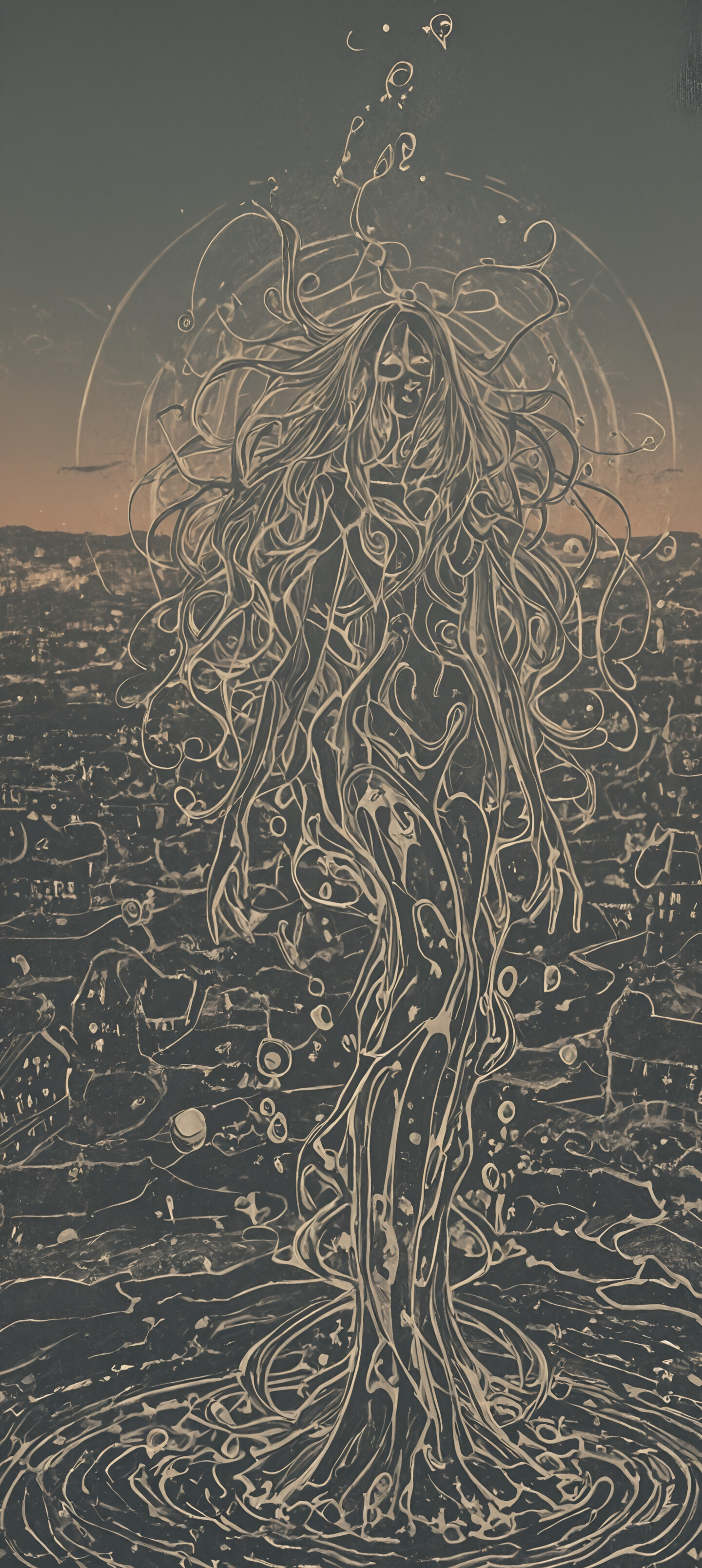 Uma pintura abstrata com um fundo escuro, coberto por uma densa e intrincada rede de linhas e pontos dourados em movimento. No centro superior, uma única esfera de luz brilhante e radiante serve como ponto focal.