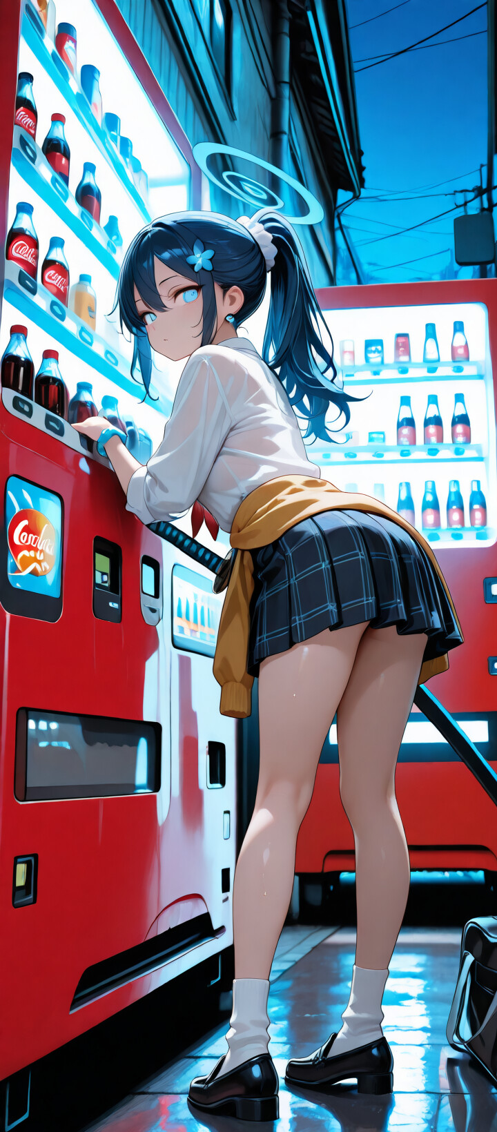 Uma personagem de anime, com cabelos azul-claros, um halo e olhos azuis brilhantes, identificada como Arona, de Blue Archive, está em um beco escuro da cidade, segurando uma katana azul brilhante ao lado de uma máquina de venda automática vermelha.