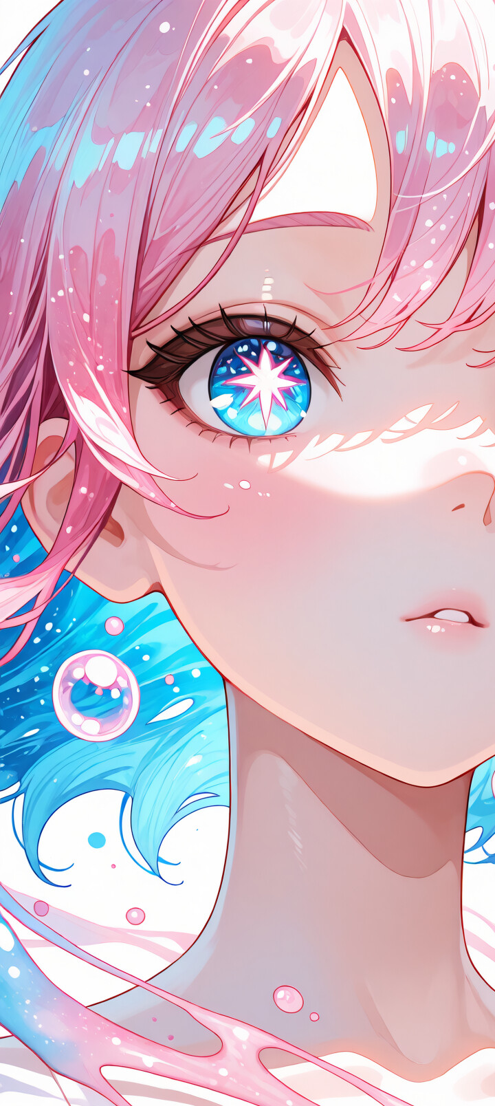 Um retrato em close-up de uma adorável personagem de anime, com cabelo curto e rosa e grandes olhos brilhantes e multicoloridos. O estilo artístico é suave e utiliza uma paleta de cores em tons pastel.