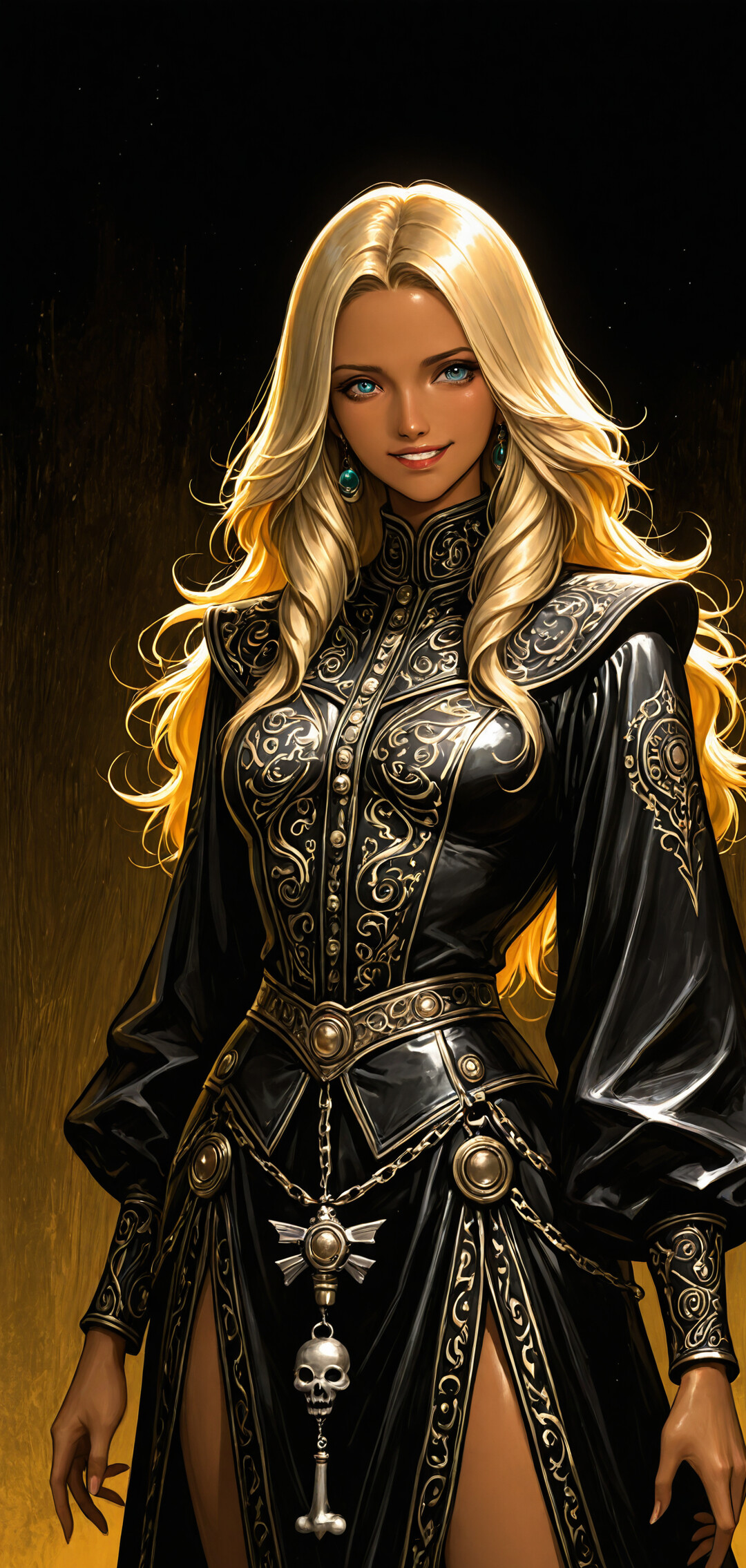 Uma pintura digital que retrata uma jovem mulher da cintura para cima, com longos cabelos loiros e ondulados e olhos azuis, sorrindo suavemente. Ela veste um elaborado vestido de fantasia preto e dourado, com um decote alto, sobre um fundo escuro.