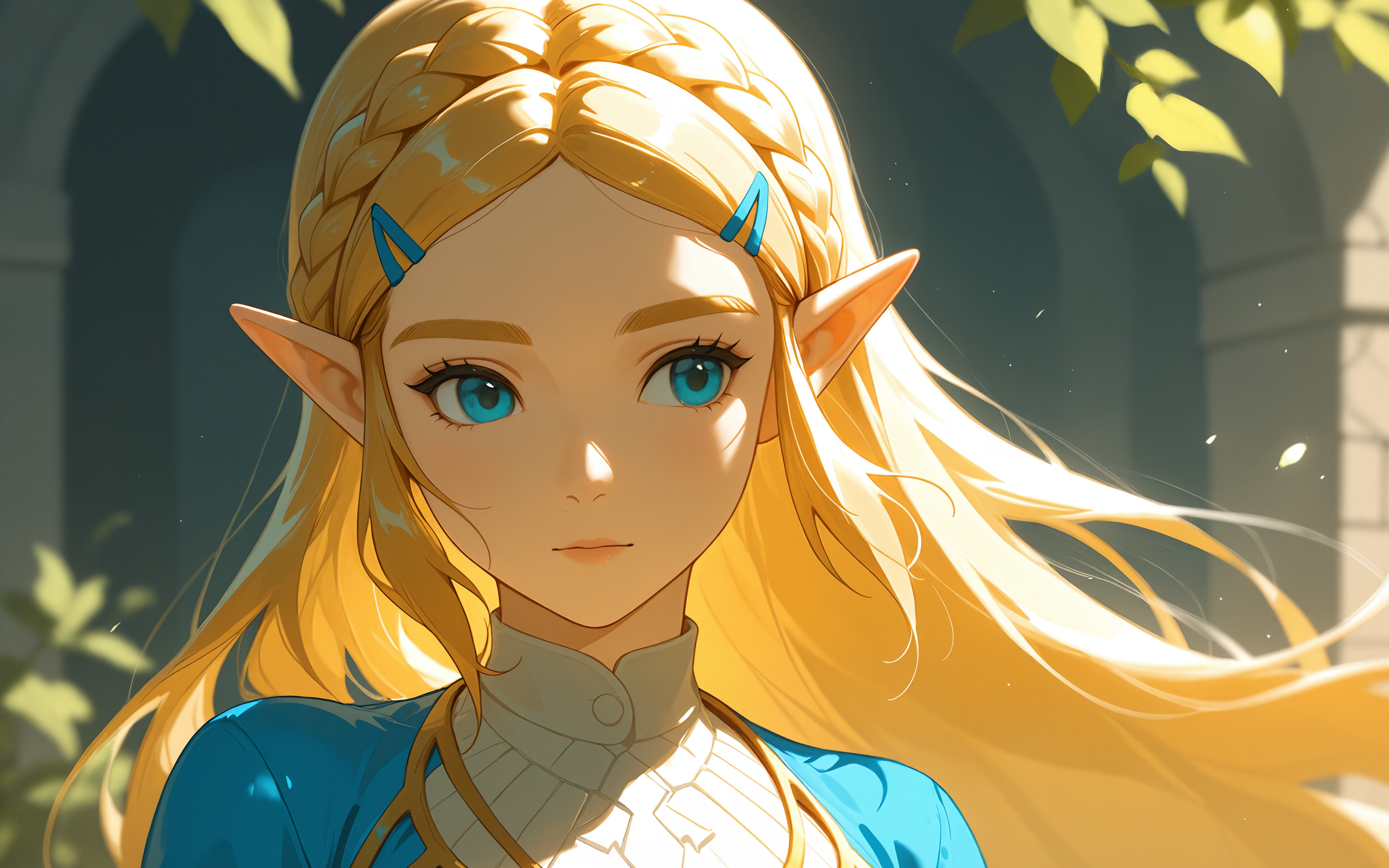 Uma ilustração no estilo anime da Princesa Zelda, da série The Legend of Zelda. Ela tem longos cabelos loiros, presos em uma trança com uma coroa, olhos azuis e orelhas pontudas, e está olhando por cima do ombro enquanto veste um traje azul e dourado.