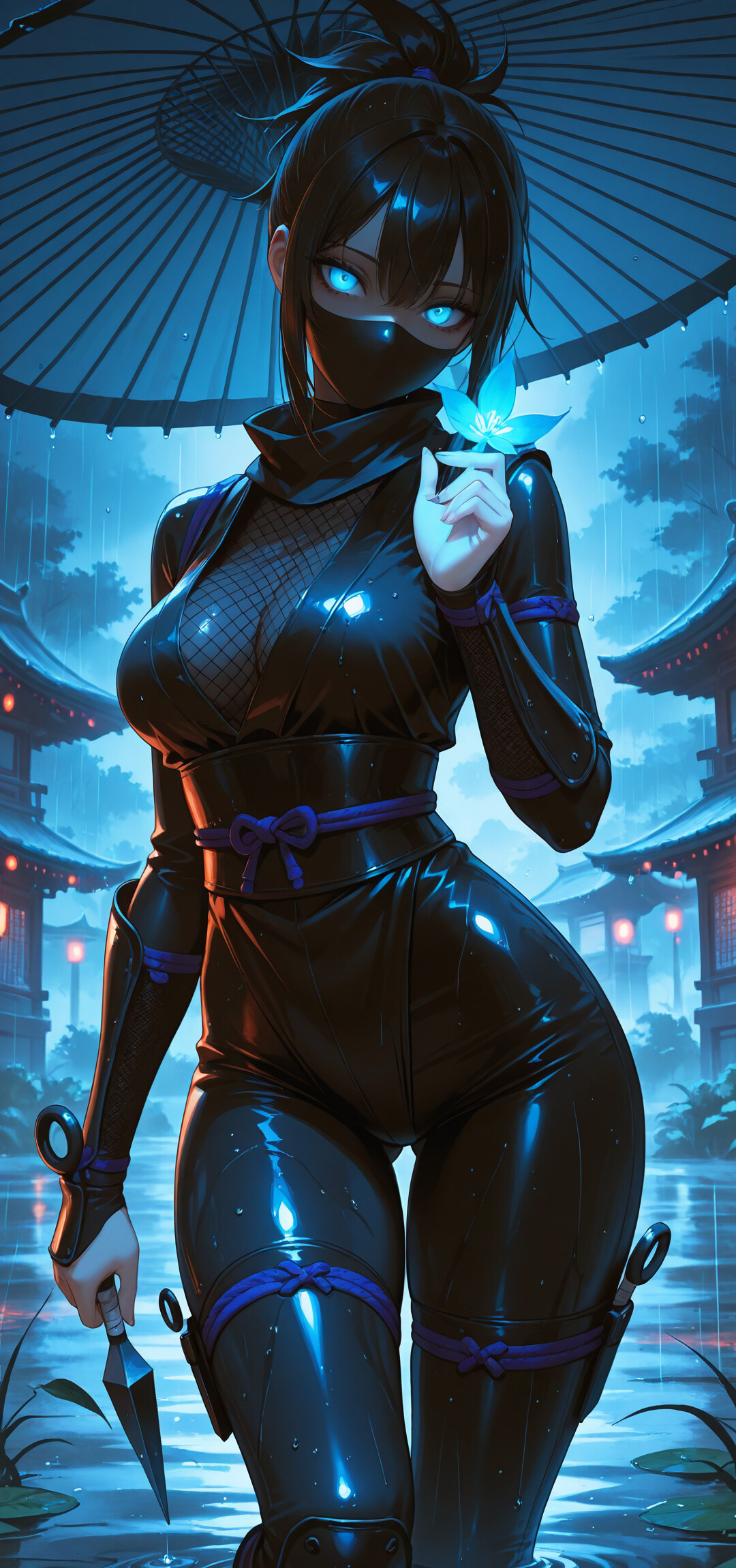 Uma ninja de anime, do sexo feminino, com olhos vermelhos brilhantes e vestida com um traje preto com capuz, está de pé sob a chuva, à noite, segurando um guarda-chuva vermelho em uma mão e uma kunai na outra, com edifícios japoneses iluminados por lanternas ao fundo.