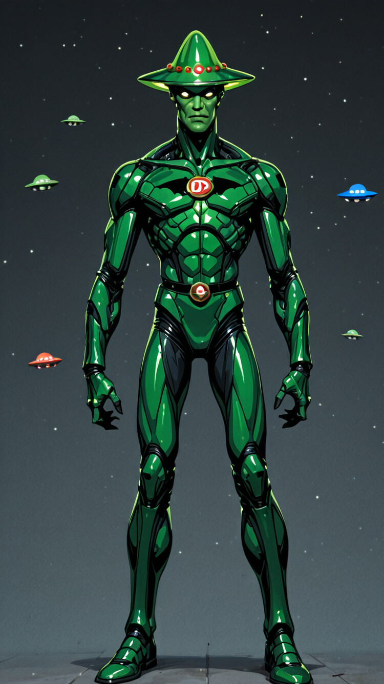 Um grande disco voador verde, com luzes amarelas brilhantes e uma antena, sobreposto a um céu azul-escuro salpicado de estrelas brancas.