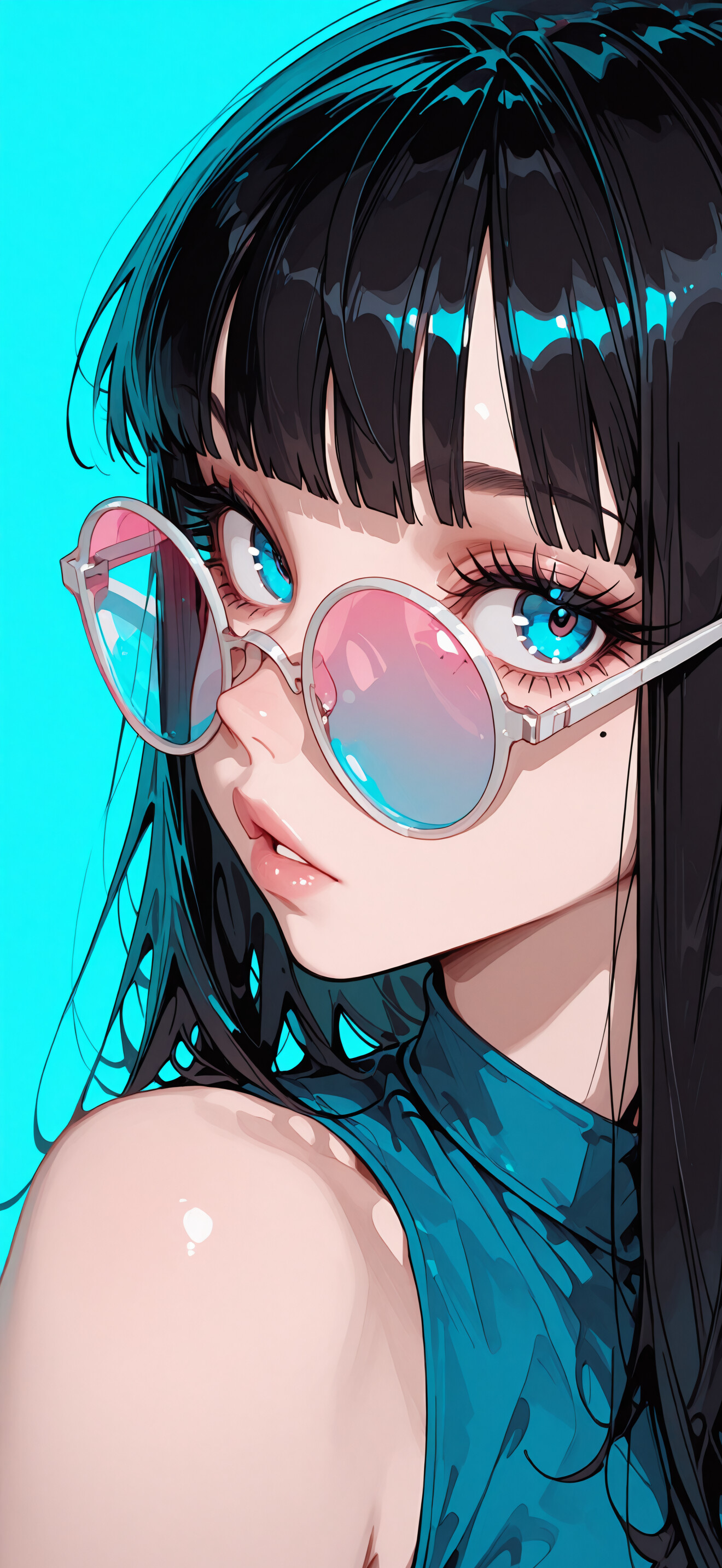 Uma ilustração digital em close-up de uma rapariga no estilo anime, com longos cabelos pretos e franja, usando óculos grandes e redondos com lentes em tons de rosa e azul. Ela tem grandes olhos azuis e está a olhar para o lado, contra um fundo azul brilhante.