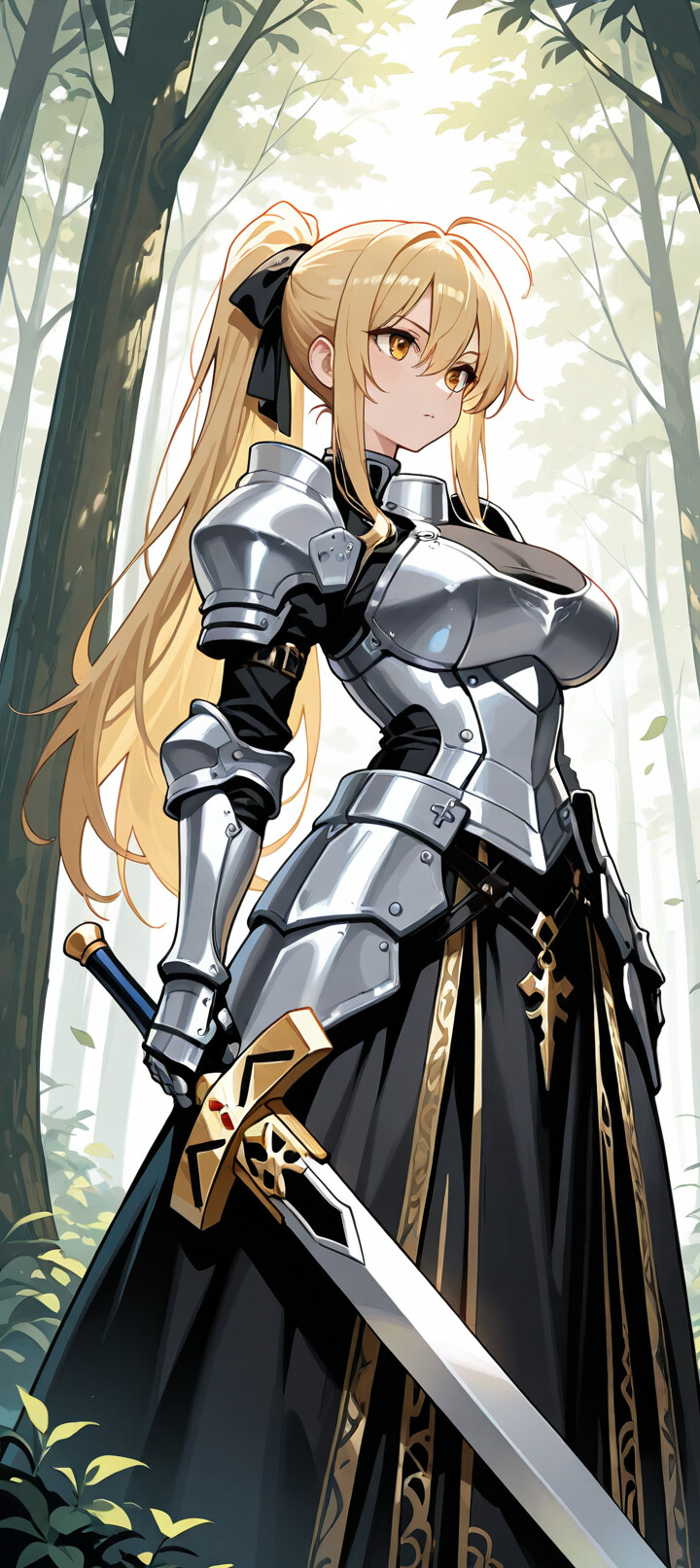 Uma ilustração em estilo anime de Saber Artoria Pendragon, uma cavaleira loira vestida com uma armadura de prata completa e um vestido preto, descansando na relva de uma floresta ensolarada, com a sua espada Excalibur ao seu lado.