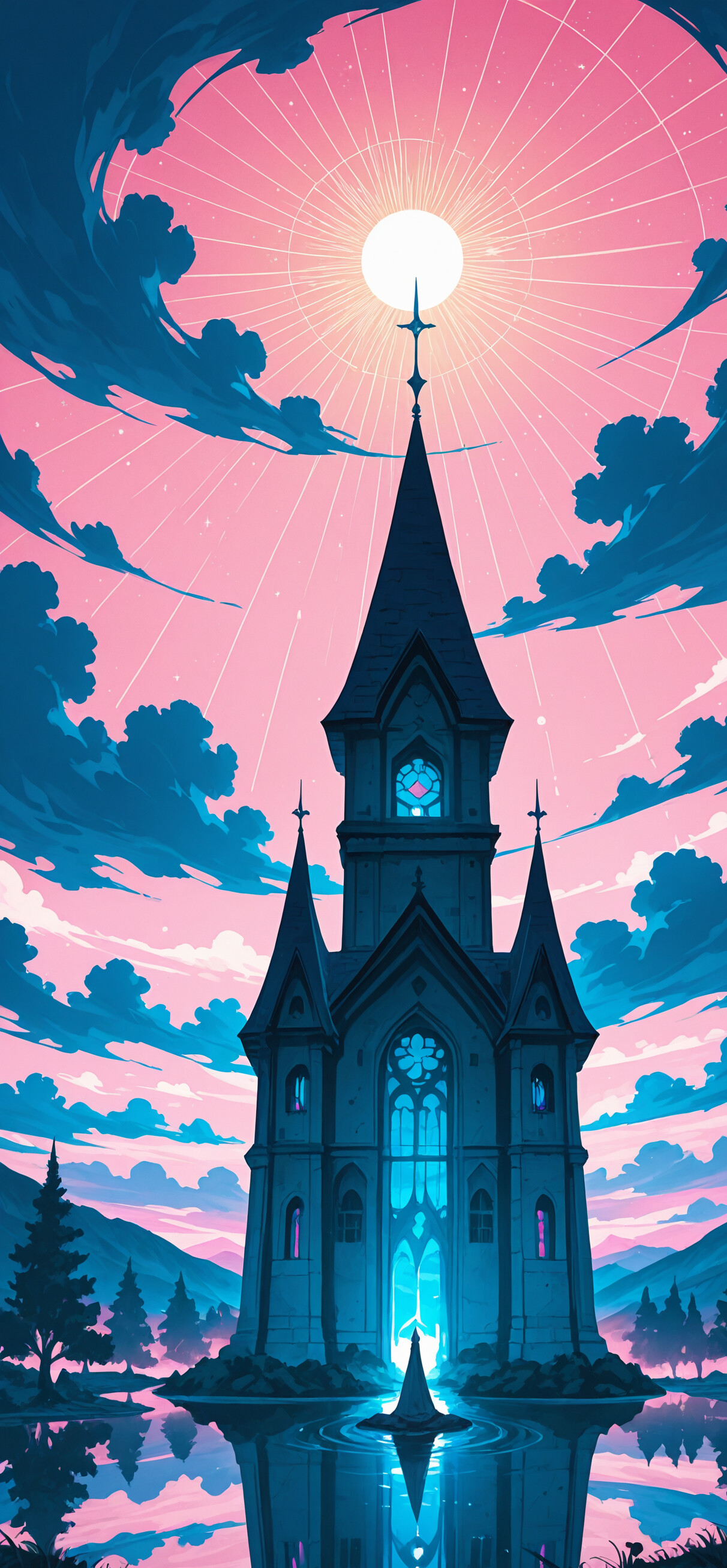 Uma ilustração digital de fantasia que retrata uma catedral gótica e sombria à beira de um lago, ao entardecer. Grandes e volumosas nuvens cor-de-rosa preenchem o céu roxo, e toda a cena se reflete nas águas calmas. Uma pequena figura solitária, vestida com uma túnica escura, está sobre a água, em frente à entrada iluminada da catedral.