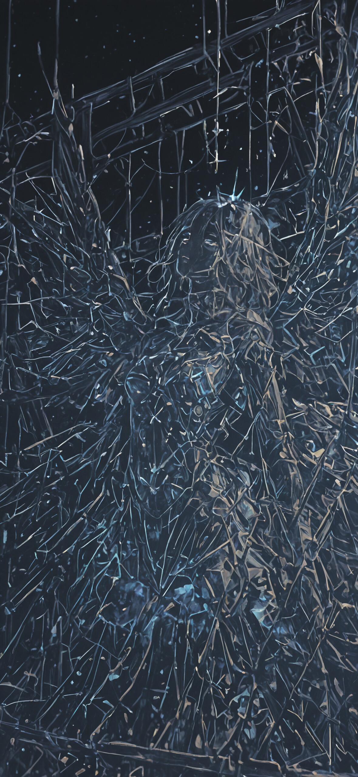 Uma figura celestial e angelical, com grandes asas, surge em contraste com um fundo escuro e estrelado. A figura e as suas asas são compostas por inúmeros fragmentos azuis e dourados que brilham, assemelhando-se a estrelas fragmentadas ou a vidro cósmico.