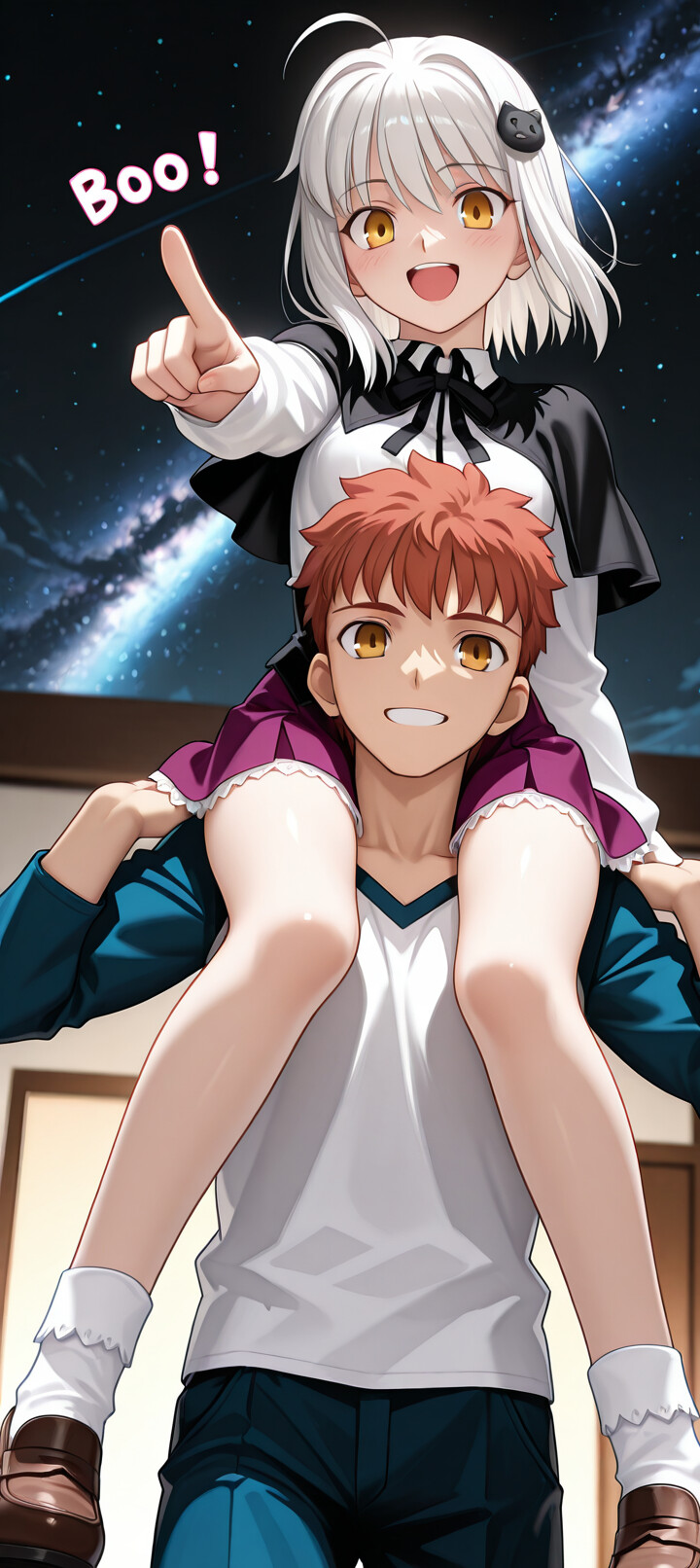 Shirou Emiya, da série Fate, sorri enquanto carrega Sitonai, uma menina de cabelos brancos, nos ombros durante a noite. Ela aponta para a frente com entusiasmo, sob um céu estrelado, com a Via Láctea visível ao fundo.