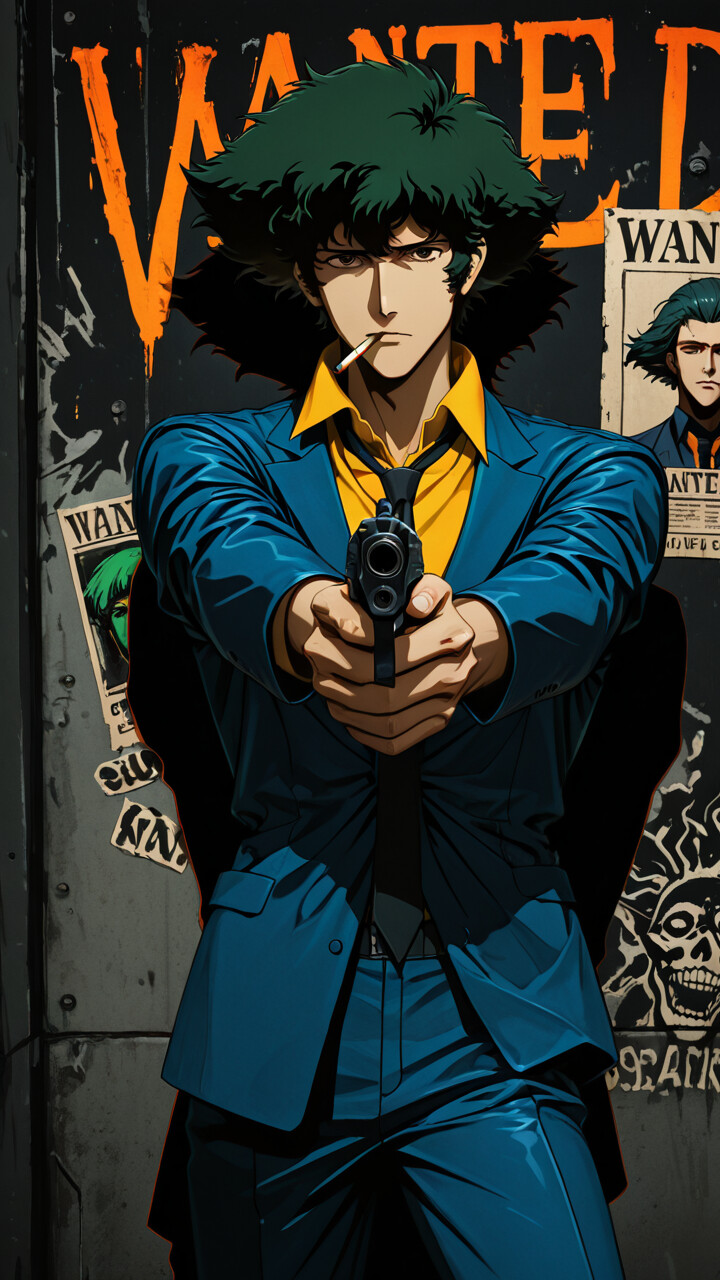 Ilustração em estilo anime de Spike Spiegel, de Cowboy Bebop, apontando uma pistola para a câmera. Ele tem cabelos escuros e desalinhados, um cigarro na boca e está vestindo um terno azul. Atrás dele, há uma parede com um grande letreiro de néon que diz «PROCURADO».