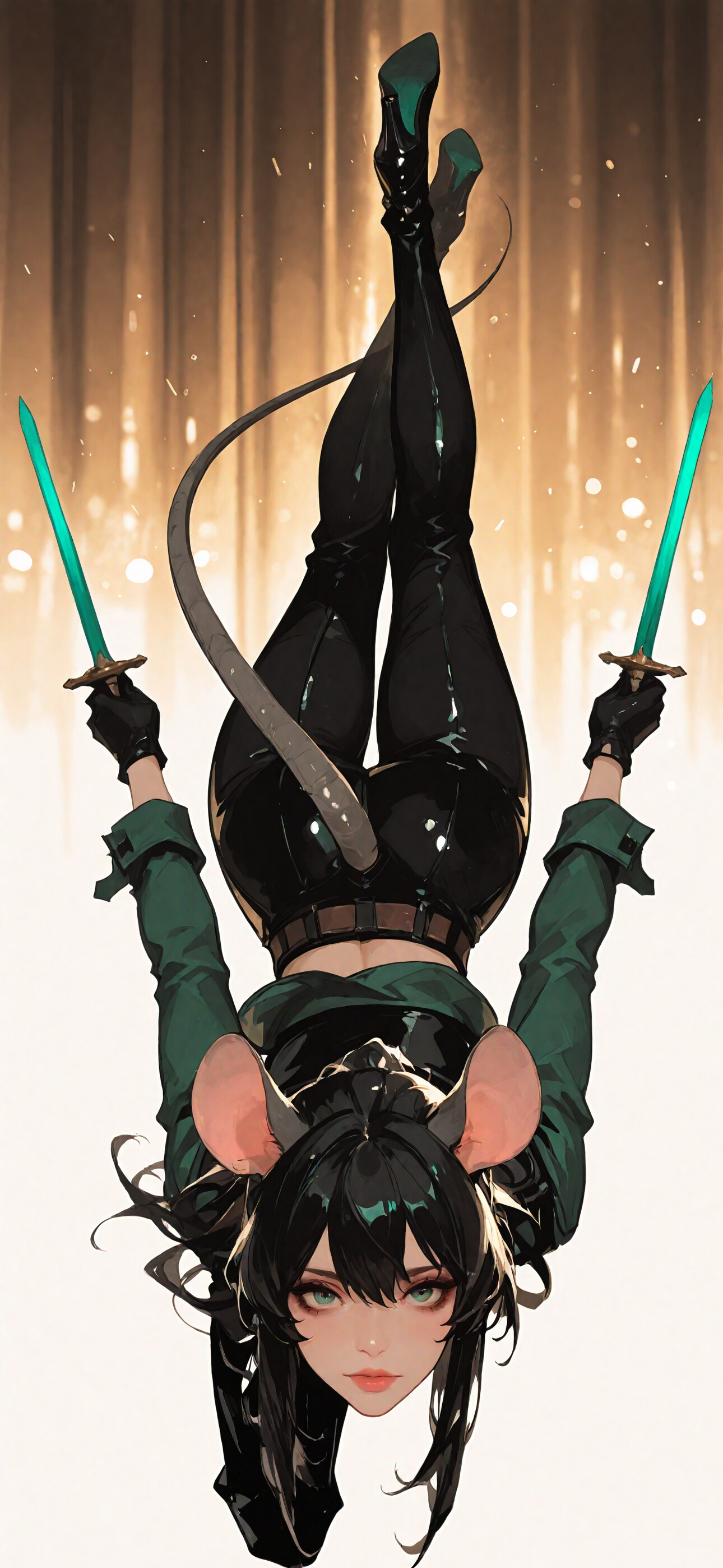 Uma personagem feminina de anime, com cabelo preto, olhos verdes, orelhas grandes de rato e uma longa cauda de rato, vestida como uma ladra, com uma camisa verde e calças pretas, está deitada num chão branco revestido de azulejos, olhando diretamente para a câmara.