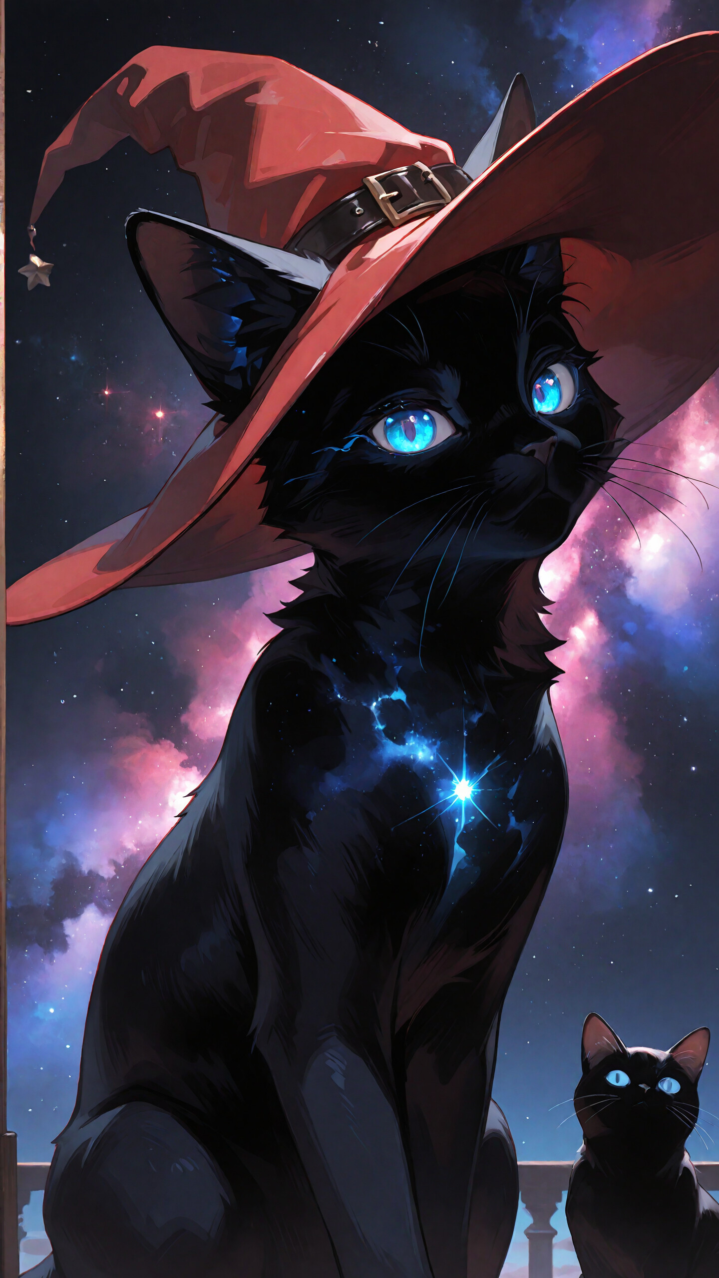 Uma ilustração digital de um elegante gato preto com olhos azuis brilhantes, usando um grande chapéu de bruxa vermelho. O gato está sentado e olhando diretamente para o observador, com um céu noturno roxo e vermelho cheio de nebulosas ao fundo.