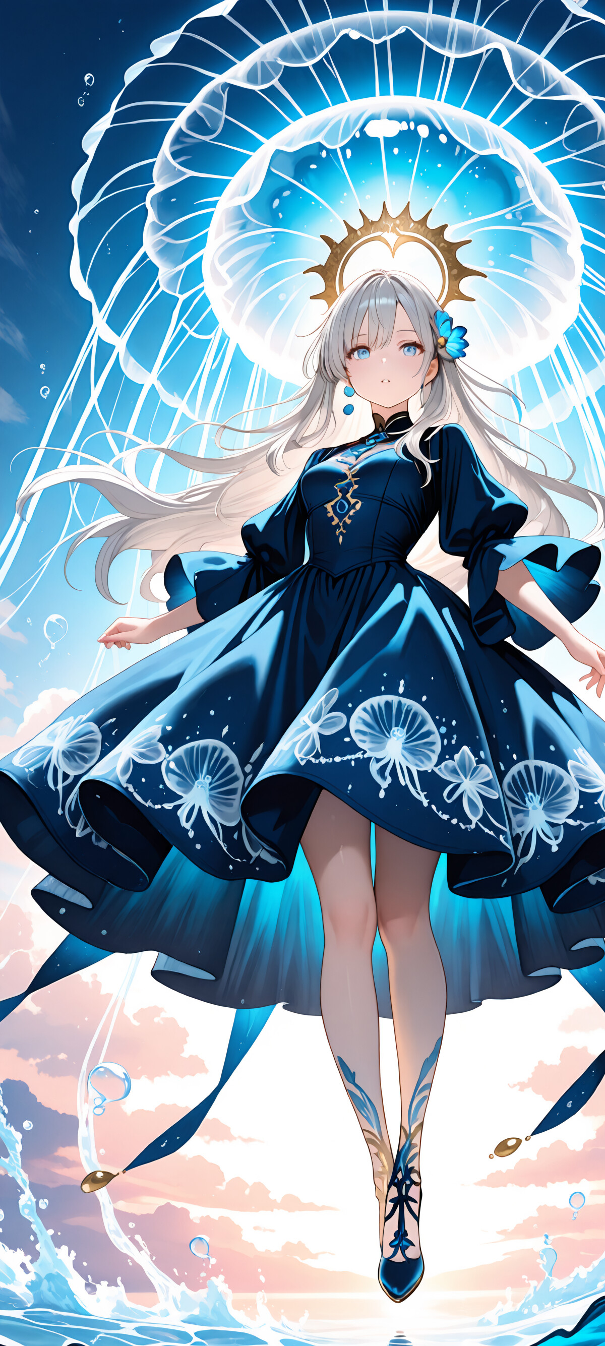 Uma rapariga de anime, com longos cabelos prateados e um vestido azul-escuro, está sobre a superfície da água, com uma grande e luminosa água-viva azul na cabeça, como se fosse um chapéu, num cenário de fundo azul-celeste.