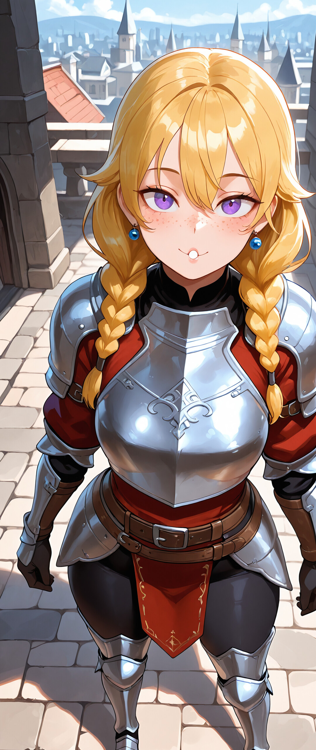 Uma jovem cavaleira, de cabelos loiros trançados e olhos roxos, vestida com uma armadura de prata sobre uma túnica roxa, está em uma ponte de pedra em uma cidade medieval, sorrindo para quem a observa.