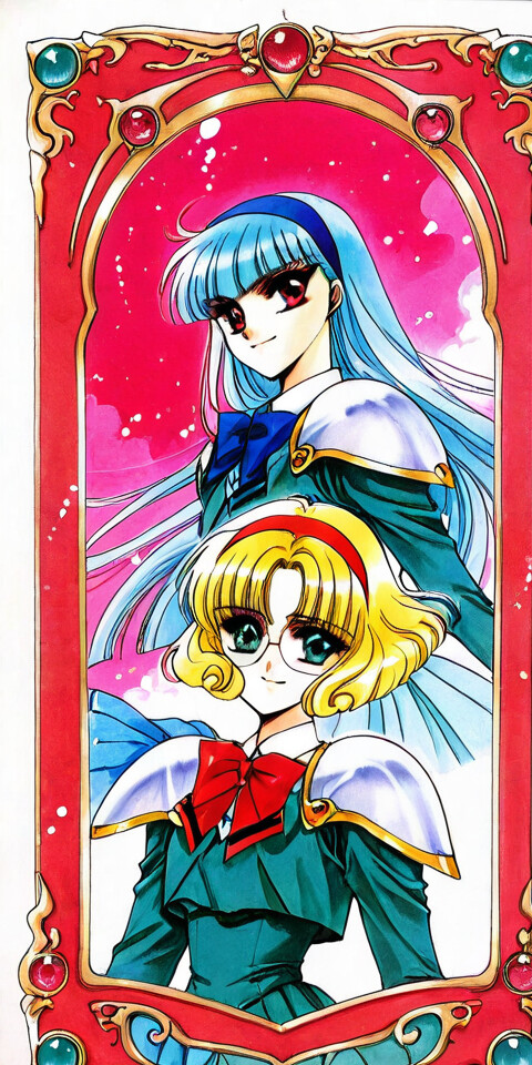 Ilustração de corpo inteiro de Hikaru Shidou, Umi Ryuuzaki e Fuu Hououji, da série Magic Knight Rayearth. Hikaru tem cabelo vermelho, Umi tem cabelo azul e Fuu tem cabelo loiro e usa óculos. Estão vestidas com uniformes escolares com armadura e estão em frente a uma grande moldura circular dourada e ornamentada.