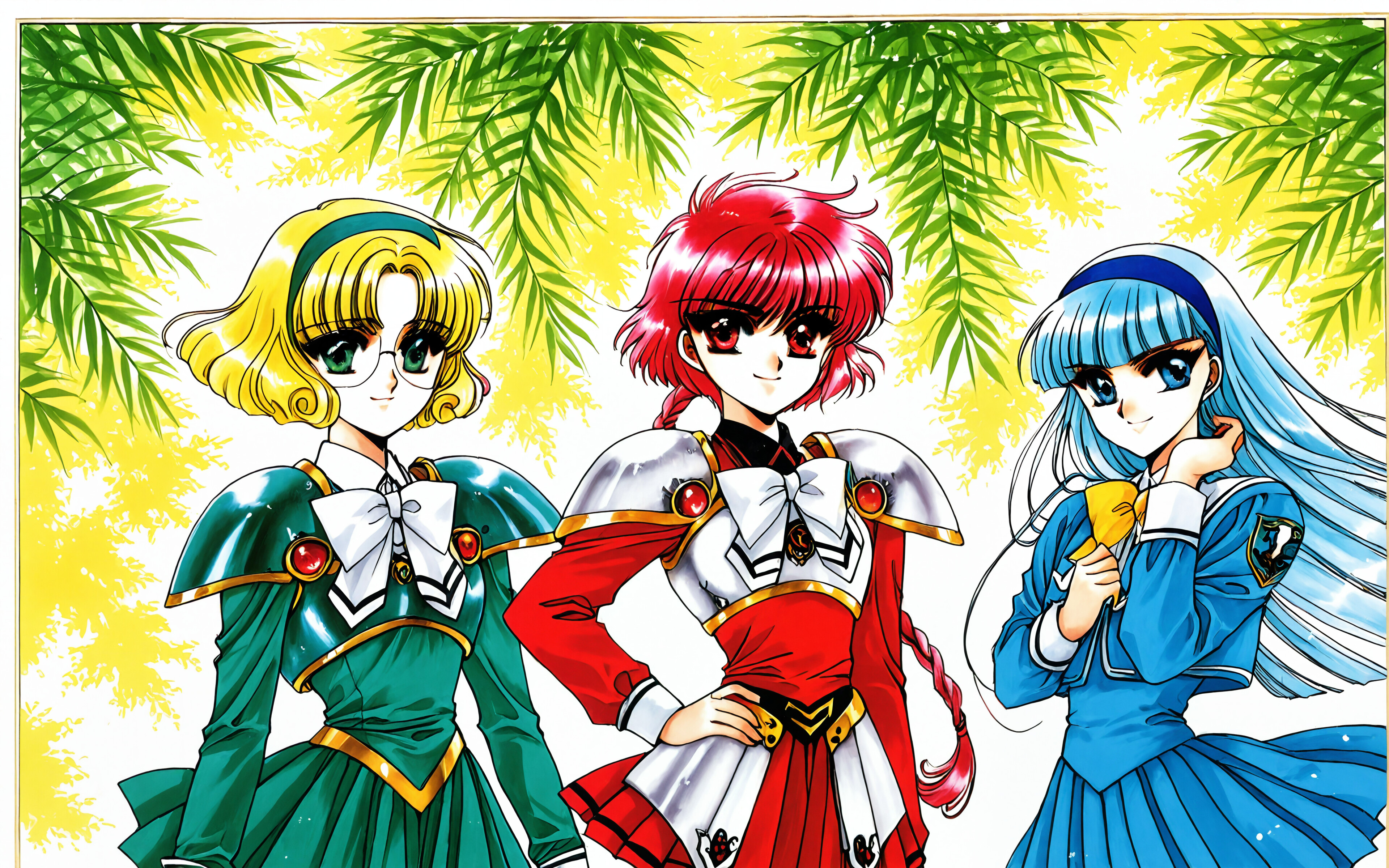 Ilustração de corpo inteiro de Hikaru Shidou, Umi Ryuuzaki e Fuu Hououji, da série Magic Knight Rayearth. Hikaru tem cabelo vermelho, Umi tem cabelo azul e Fuu tem cabelo loiro e usa óculos. Estão vestidas com uniformes escolares com armadura e estão em frente a uma grande moldura circular dourada e ornamentada.