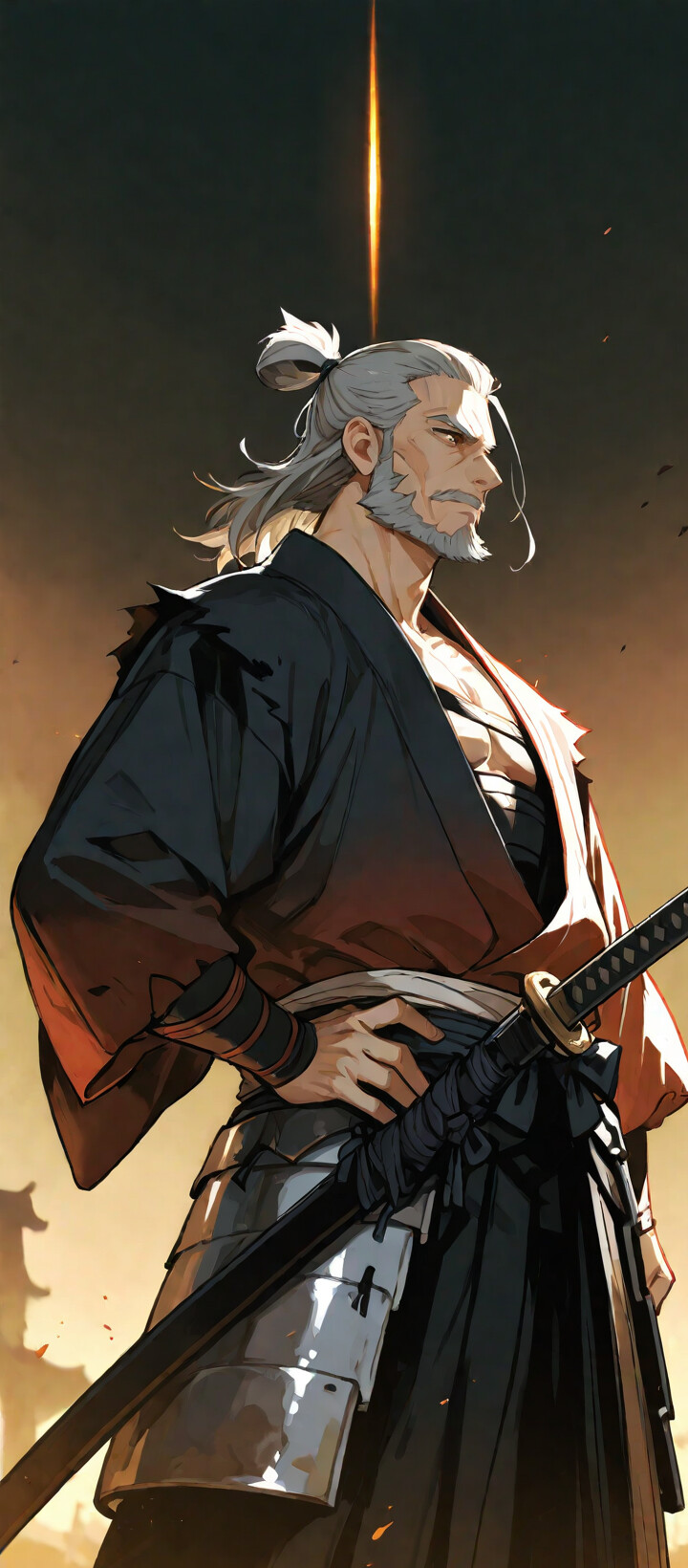 Uma ilustração em estilo anime de um samurai idoso e musculoso, com cabelos e barba grisalhos, vestindo um quimono preto e uma armadura parcial, parado com confiança em um campo de batalha ao amanhecer.