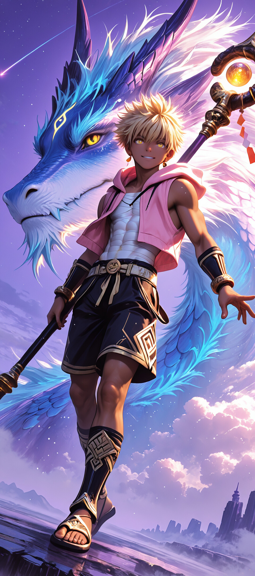 Um jovem de cabelos loiros, vestindo um casaco cor-de-rosa, segura um cajado mágico e está de pé em frente a um enorme dragão azul e roxo, sob um céu estrelado de cor púrpura.