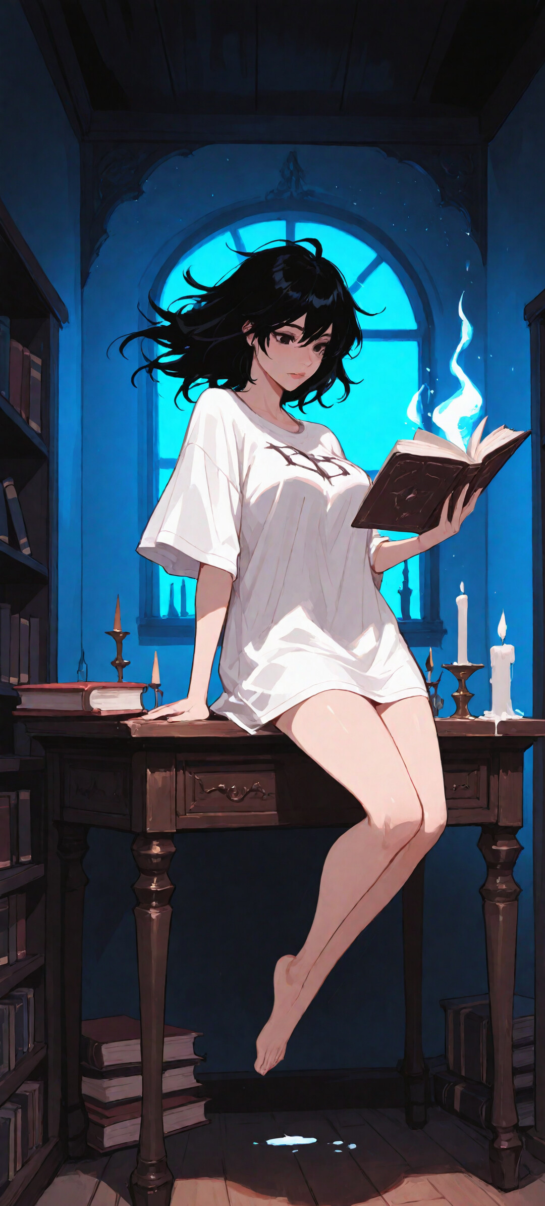 Uma jovem de cabelos pretos e curtos, que parece estar a levitar, surge ao fundo de um escritório escuro, iluminado por velas. Ela veste uma camisa branca e olha para fora de uma grande janela, para um céu noturno estrelado, enquanto uma pequena nuvem azul flutua acima da sua cabeça.