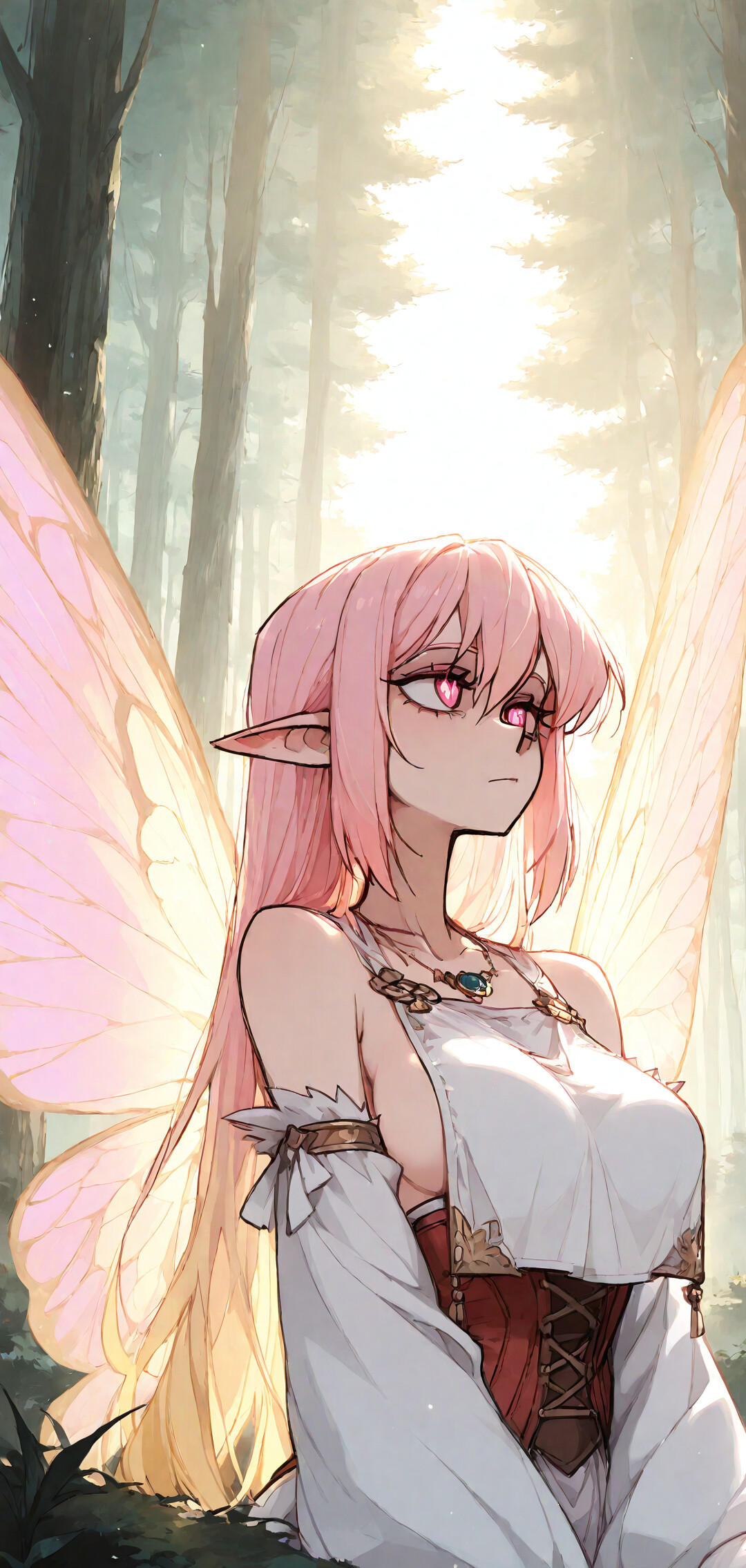 Uma ilustração em estilo anime da rainha das fadas Titânia, uma bela mulher com aparência élfica, de longos cabelos loiros e cor-de-rosa, grandes asas de borboleta cor-de-rosa e orelhas pontudas, em pé numa floresta ensolarada.