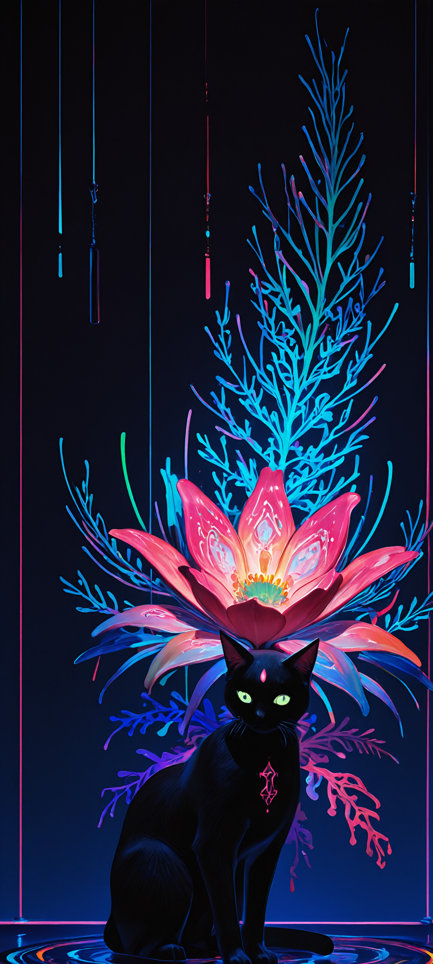 Um gato preto está em pé sobre um piso de néon com padrões, em frente a um grande vaso que contém um espetacular arranjo de flores, irradiando uma luz rosa e azul vibrante, em contraste com um fundo escuro e futurista.