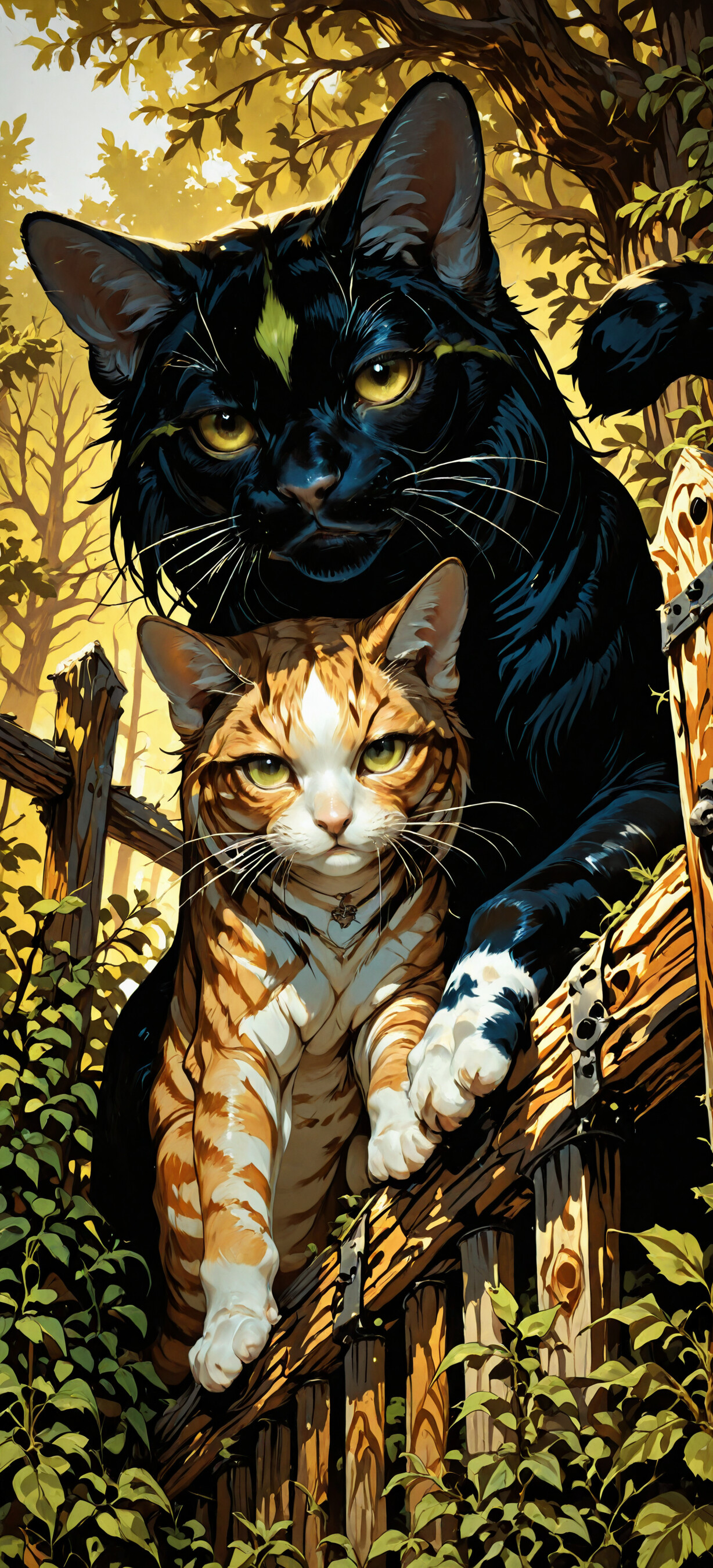 Uma ilustração detalhada de dois gatos numa floresta. Um gato tigrado de cor laranja e branca, com olhos verdes, está em primeiro plano, a observar através de uma cerca de madeira, enquanto um grande gato preto, com olhos amarelos e uma marca em forma de estrela amarela na testa, está atrás dele.