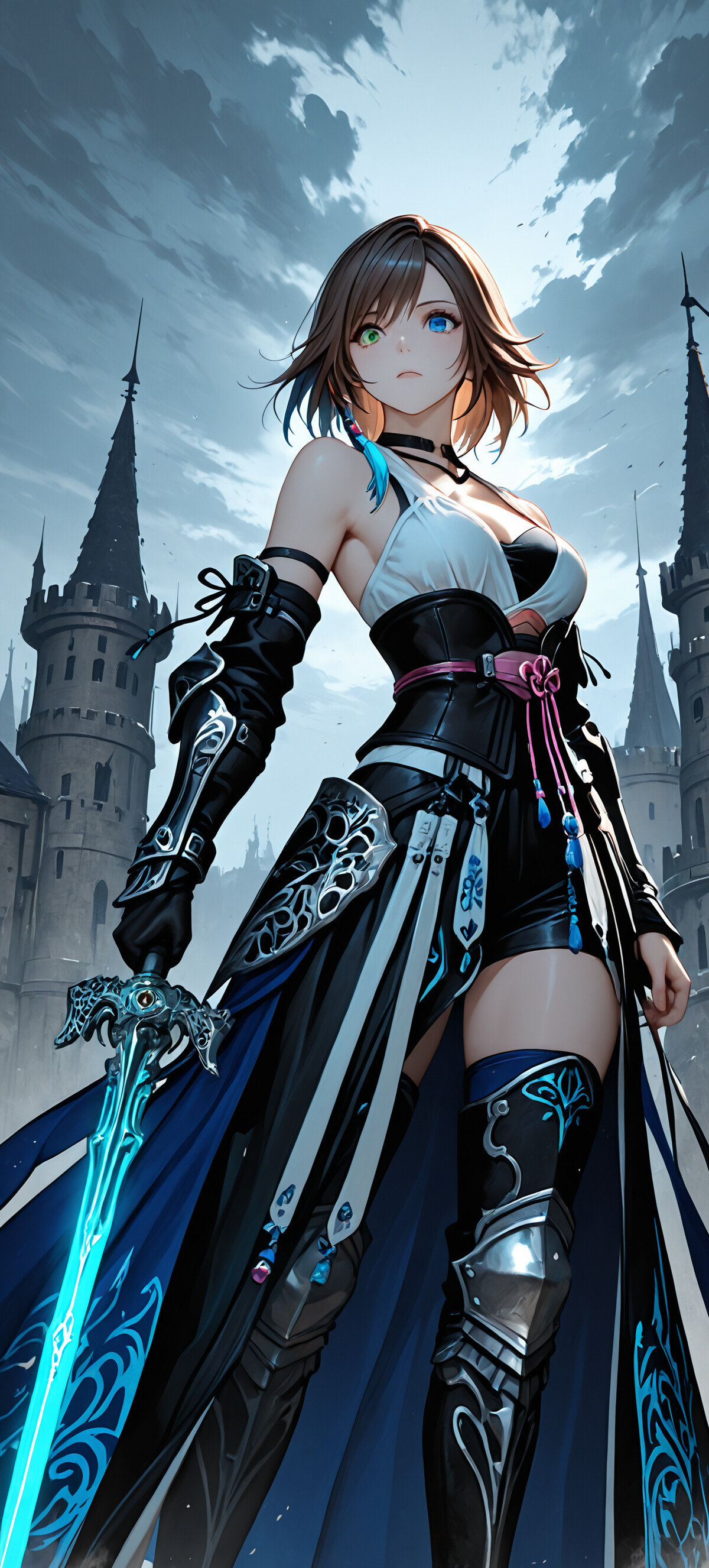 Uma ilustração no estilo anime de Yuna, de Final Fantasy X, vestida como uma cavaleira. Ela tem cabelo castanho curto, um olho verde e um olho azul, e está segurando uma espada azul brilhante em frente a um grande castelo de estilo gótico.