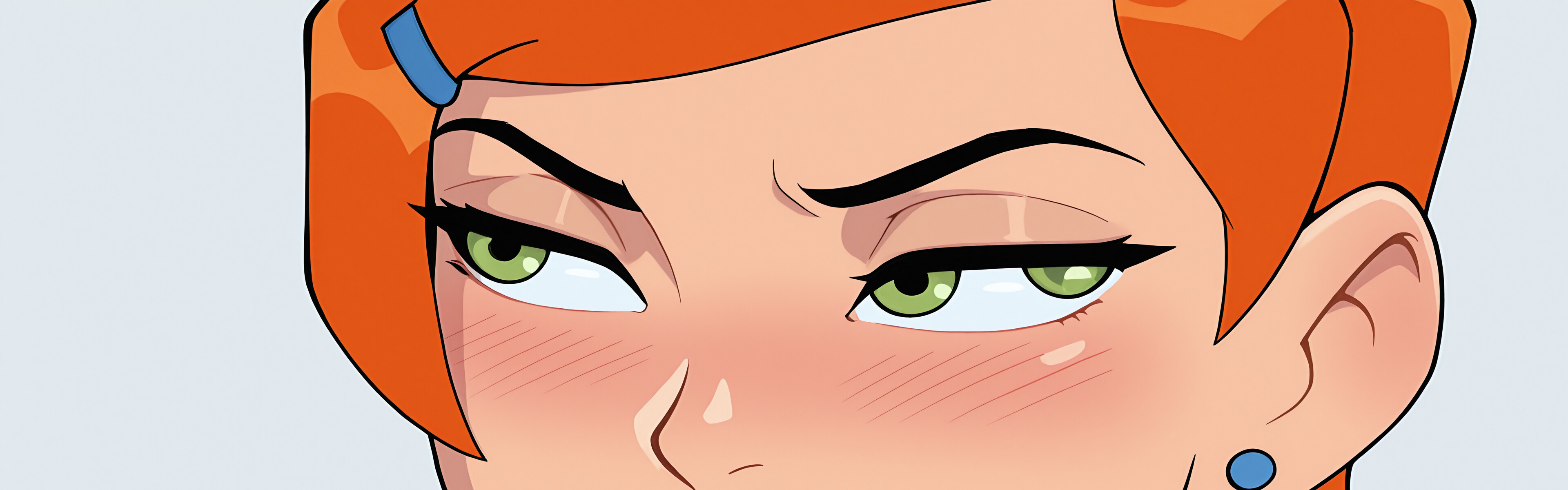 Uma ilustração digital em close-up de Gwen Tennyson, da série Ben 10. Ela tem cabelo curto e laranja, olhos verdes e um brinco azul. Ela olha para o lado, com uma expressão travessa e provocadora, e morde ligeiramente o lábio.