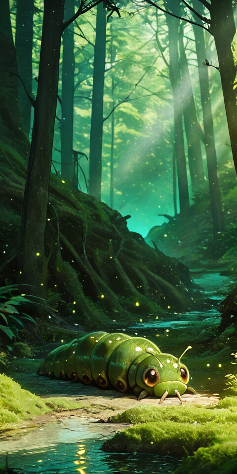 Uma rapariga com um visual de anime, de cabelo castanho, vestida com um grande fato de lagarta verde, está deitada no chão coberto de musgo de uma floresta mágica, a mastigar alegremente uma folha, enquanto se protege atrás das costas da criatura.