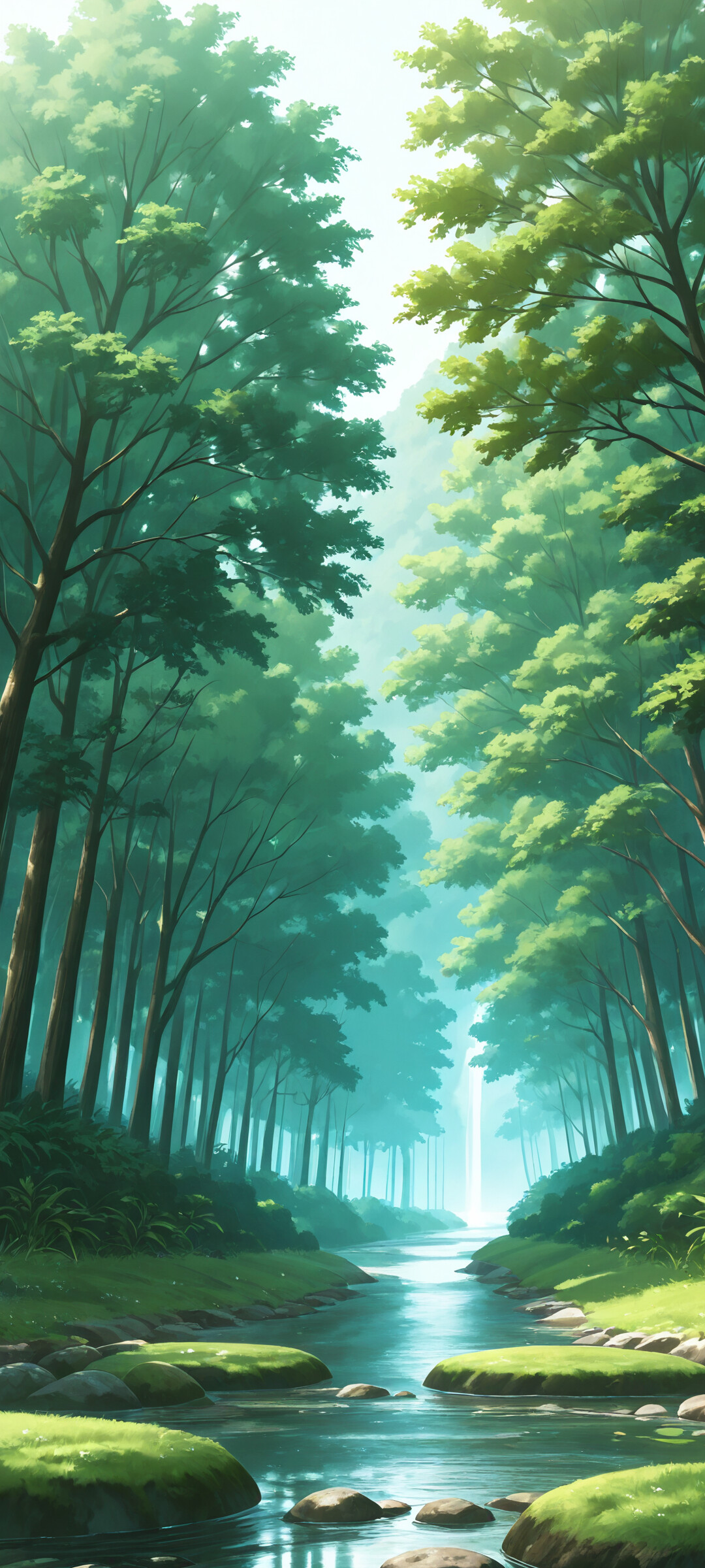 Uma paisagem em estilo anime, com um rio límpido e calmo que serpenteia por um vale verdejante, com grama exuberante, pinheiros e montanhas suaves sob um céu azul.