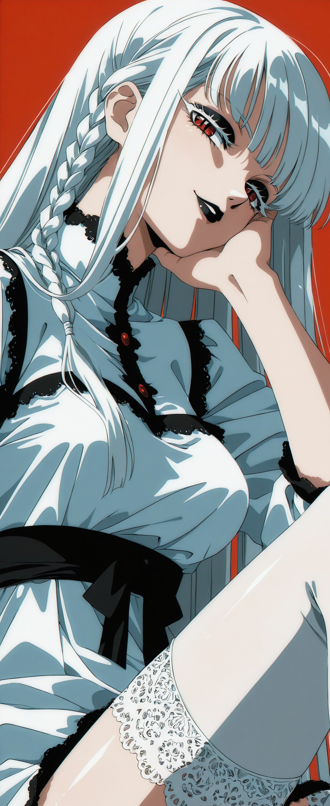 Uma ilustração em close-up de uma mulher de anime, com longos cabelos brancos e olhos vermelhos, sobre um fundo vermelho sólido. Ela apoia o queixo na mão, que está apoiada no joelho, e olha para o espectador com um leve sorriso de satisfação. Ela usa batom preto e um top preto de renda.