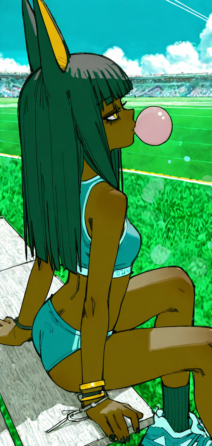 Uma ilustração de Ankha, do jogo Animal Crossing, como uma jovem humana de pele escura, cabelos pretos e grandes orelhas de chacal, vestindo um conjunto esportivo azul e soprando bolhas de chiclete em um estádio ensolarado.