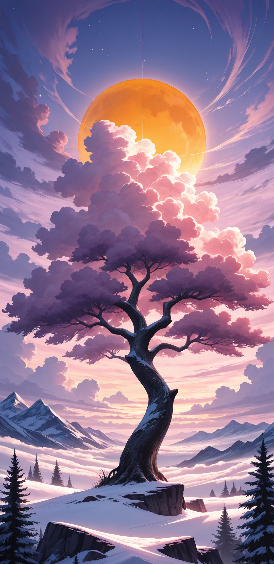 Uma majestosa árvore de pinheiro, em silhueta contra um céu vibrante em tons de roxo e rosa ao pôr do sol, ergue-se sobre um penhasco coberto de neve, com vista para uma cordilheira, enquanto uma estrela brilhante e rastos de luz celestial cruzam o céu acima.