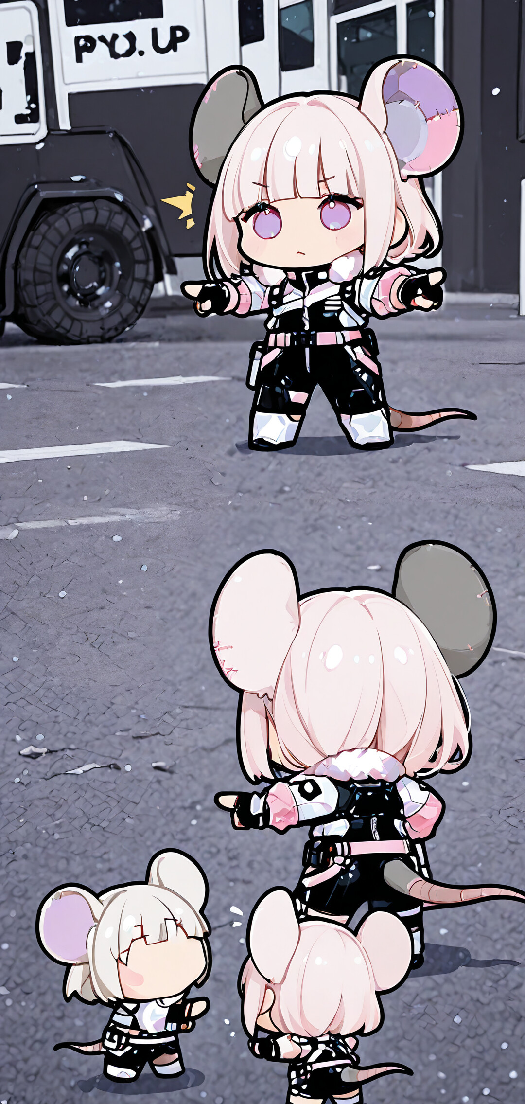 Três garotas chibi idênticas, com cabelos brancos e grandes orelhas de rato, vestidas com roupas futuristas pretas e cor-de-rosa, estão em círculo numa rua coberta de neve e apontam umas para as outras, demonstrando surpresa, numa referência ao meme do Homem-Aranha.