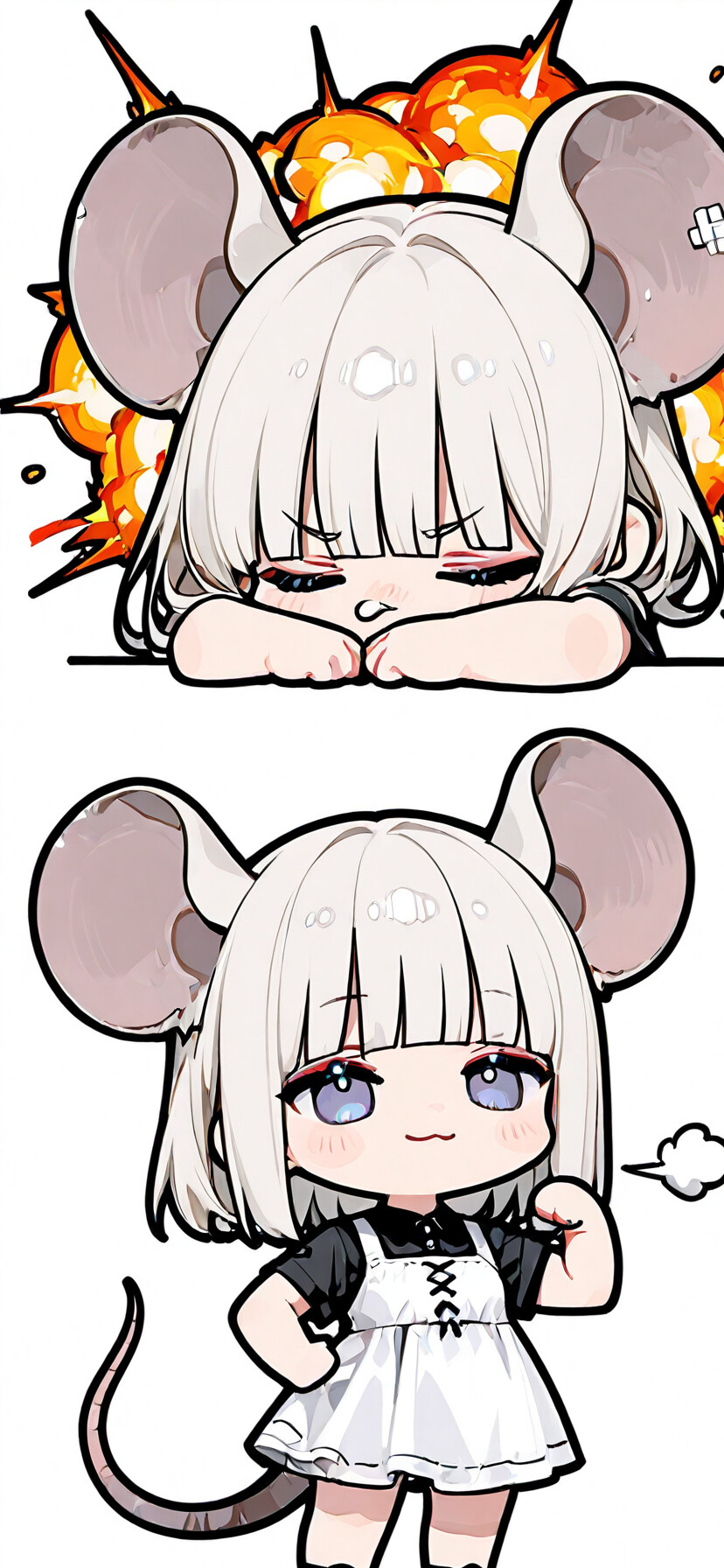 Uma personagem de anime no estilo chibi, com grandes orelhas de rato e cabelo prateado, identificada como Nazrin, do universo Touhou Project, vestindo um vestido preto e exibindo uma pose confiante em frente a uma explosão flamejante.