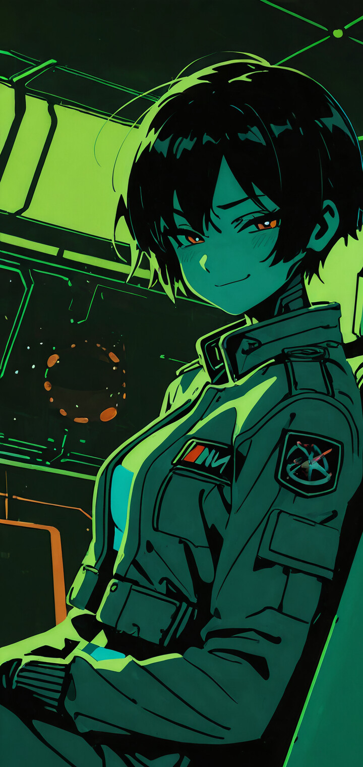 Uma ilustração em estilo anime de uma ciborgue feminina, com cabelo curto e escuro, que sorri de forma enigmática num ambiente futurista, escuro e iluminado por luzes verdes. Ela veste uma jaqueta de piloto com um emblema brilhante com o número «02» na manga.