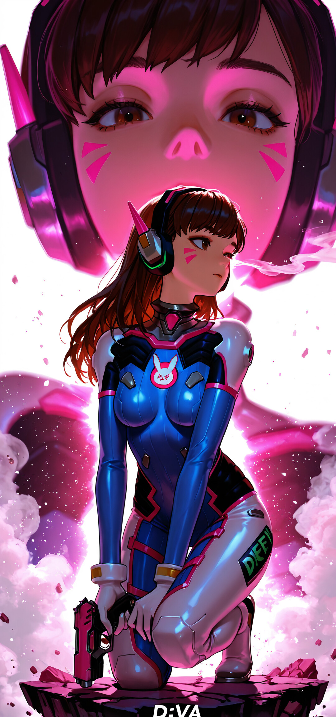 Uma ilustração de corpo inteiro de D.Va, de Overwatch, agachada num chão quadriculado rosa e preto. Ela está vestida com o seu fato de piloto, segura uma pistola rosa e olha por cima do ombro. Um grande retrato em close-up do seu rosto, com um tom rosado, está ao fundo.